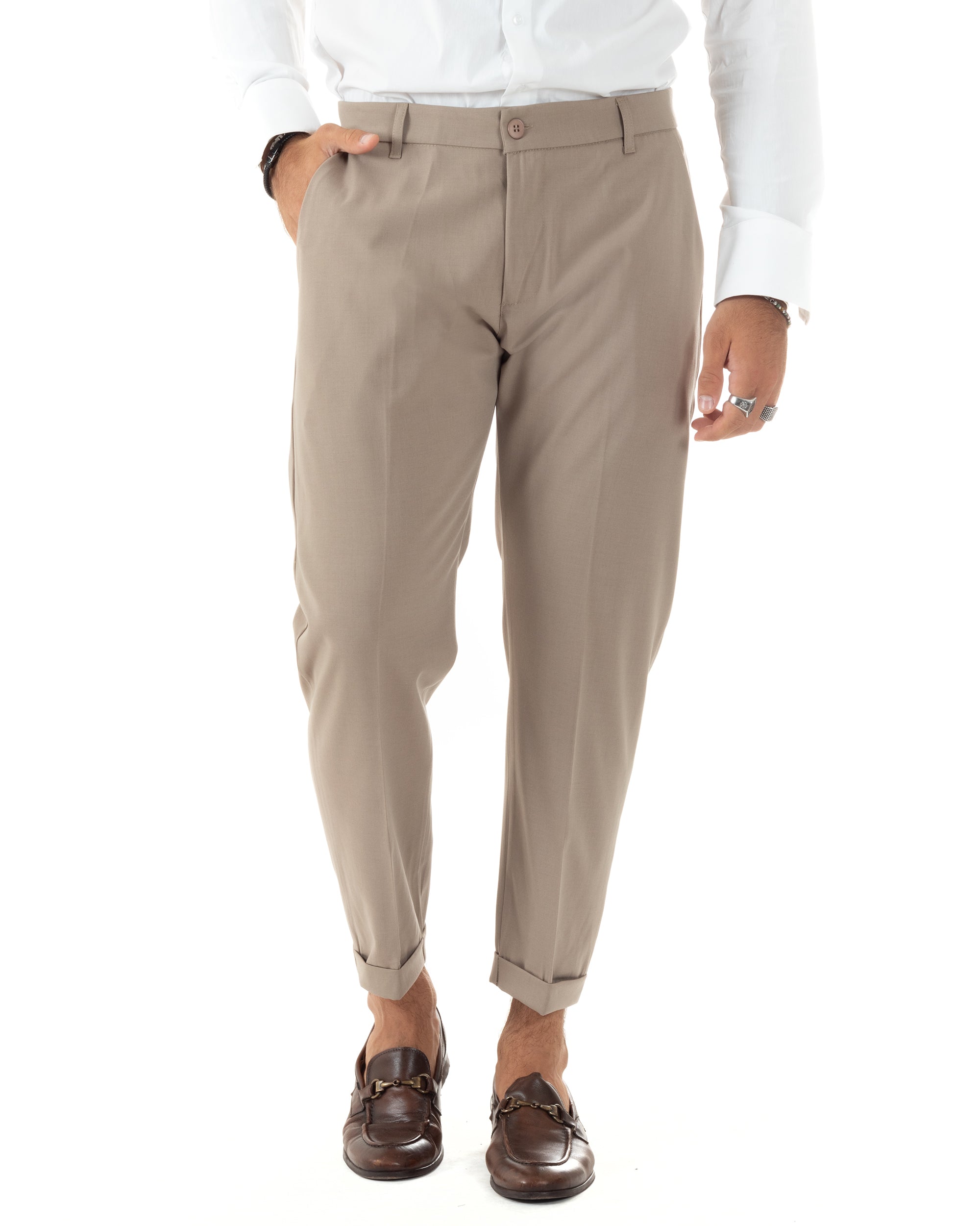 Abito Uomo Doppiopetto Vestito Sartoriale Elegante Completo Giacca Pantaloni Casual Tinta Unita Beige GIOSAL-AE1093A