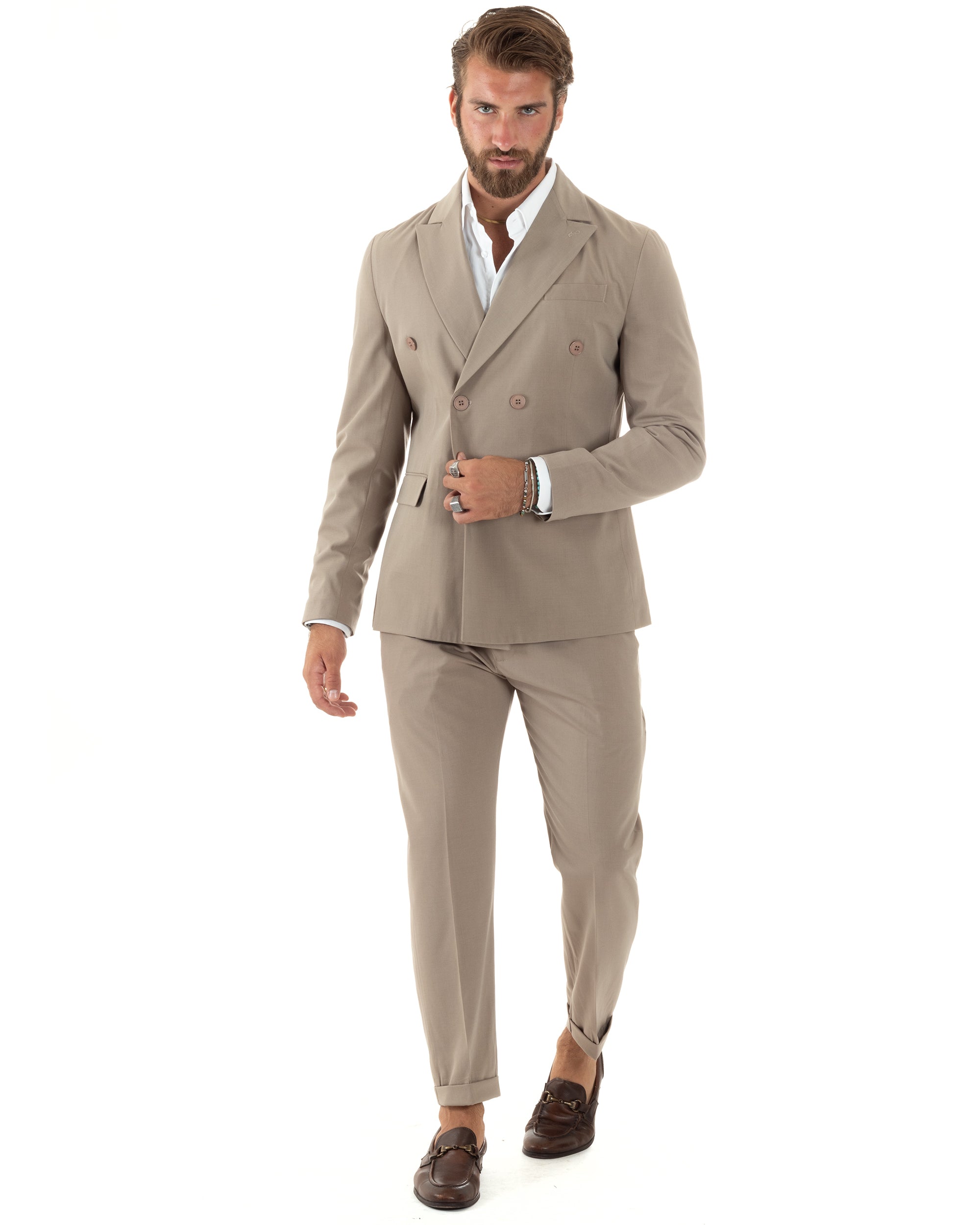 Abito Uomo Doppiopetto Vestito Sartoriale Elegante Completo Giacca Pantaloni Casual Tinta Unita Beige GIOSAL-AE1093A