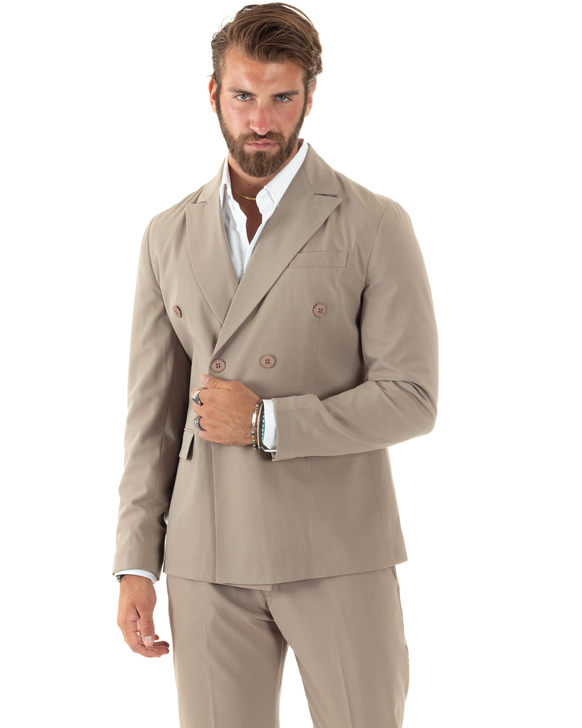 Abito Uomo Doppiopetto Vestito Sartoriale Elegante Completo Giacca Pantaloni Casual Tinta Unita Beige GIOSAL-AE1093A