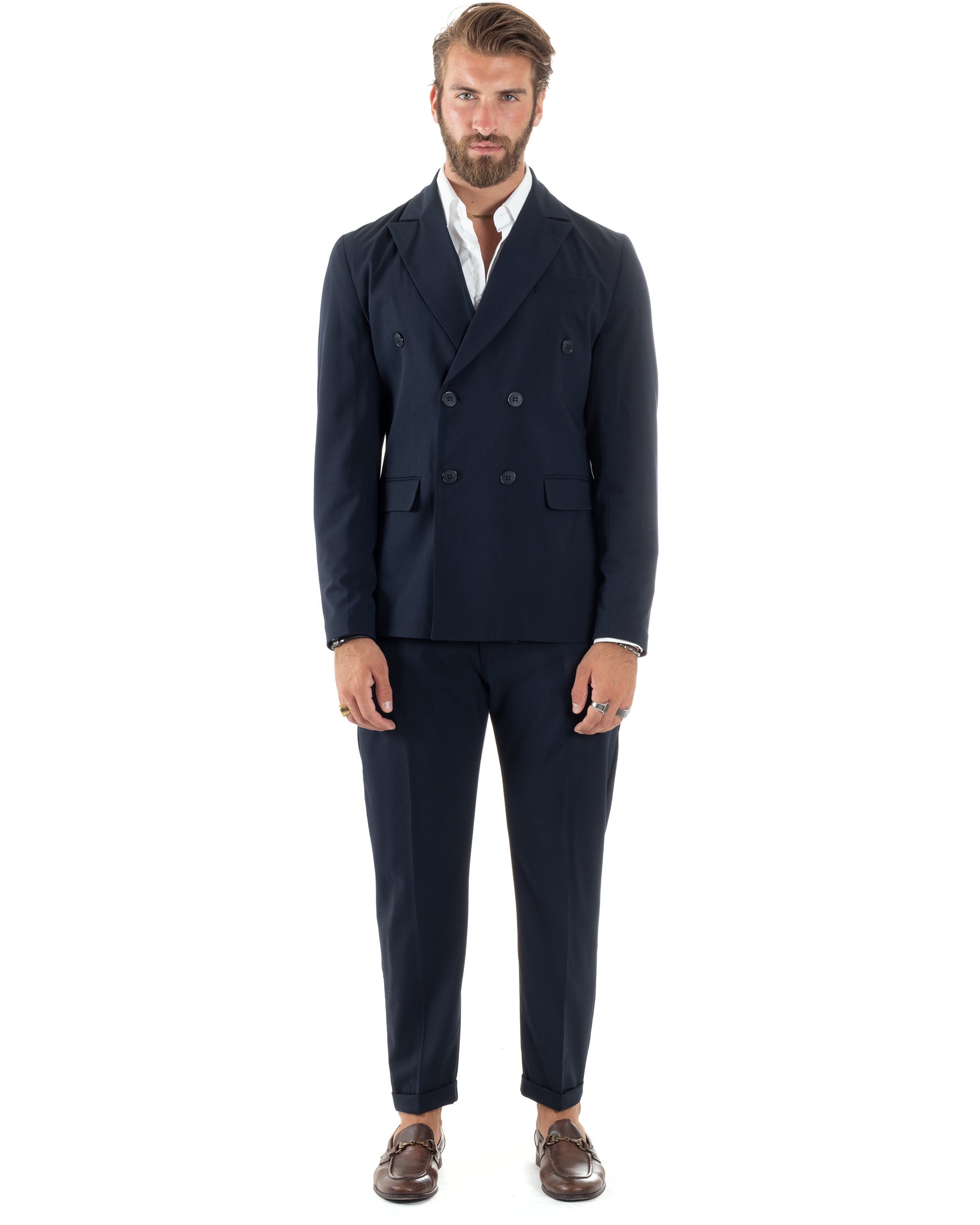 Abito Uomo Doppiopetto Vestito Sartoriale Elegante Completo Giacca Pantaloni Casual Tinta Unita Blu GIOSAL-AE1094A