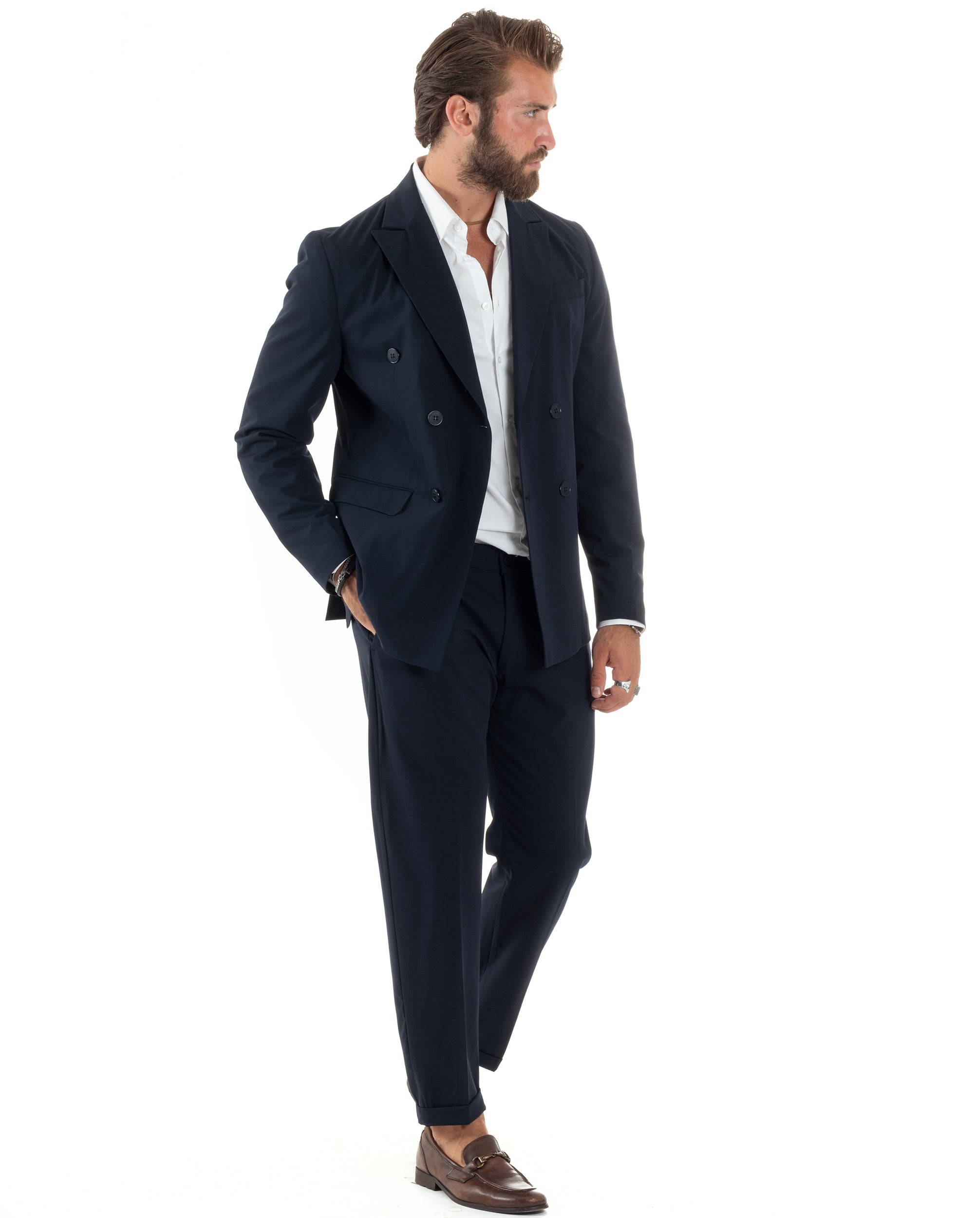 Abito Uomo Doppiopetto Vestito Sartoriale Elegante Completo Giacca Pantaloni Casual Tinta Unita Blu GIOSAL-AE1094A