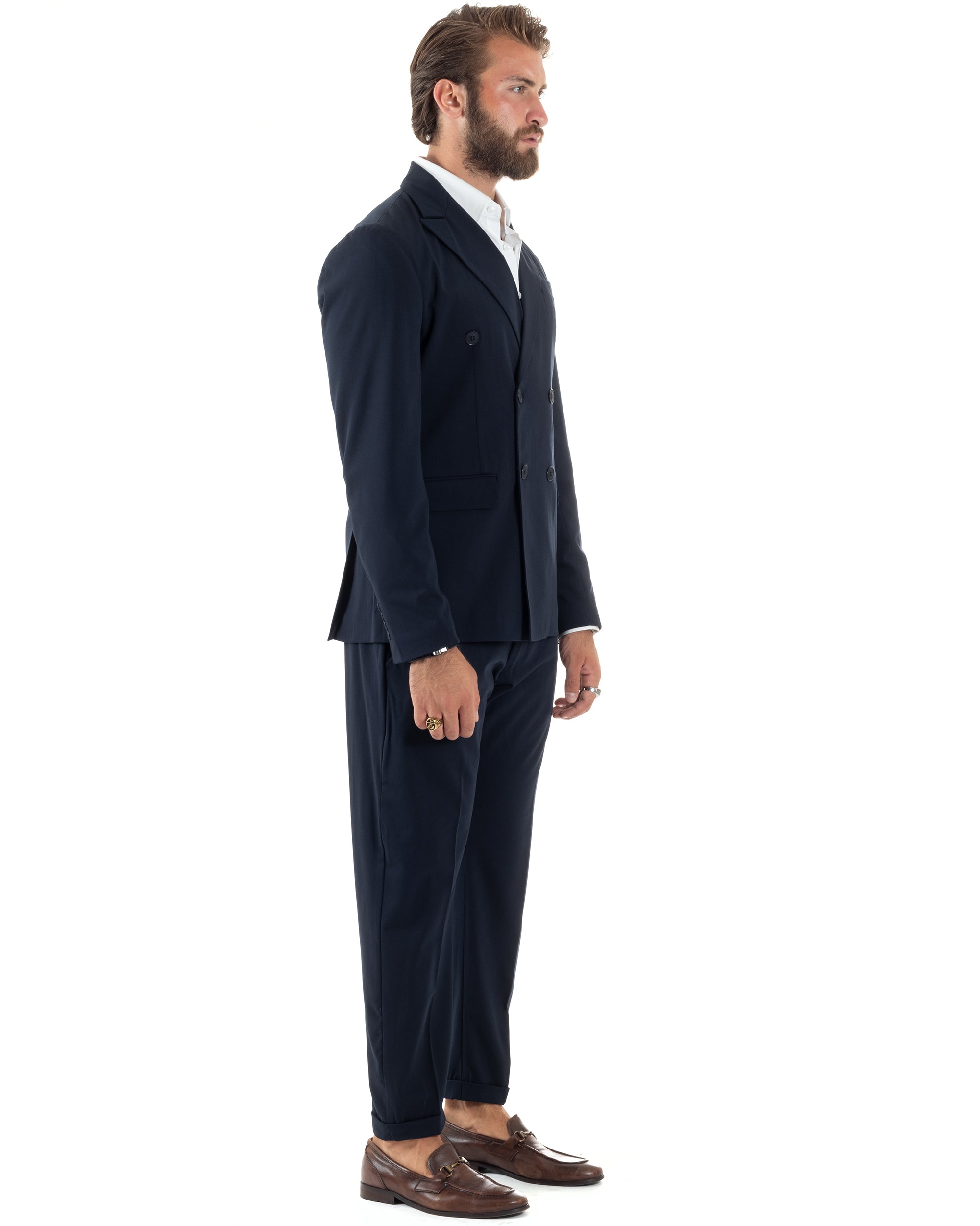 Abito Uomo Doppiopetto Vestito Sartoriale Elegante Completo Giacca Pantaloni Casual Tinta Unita Blu GIOSAL-AE1094A