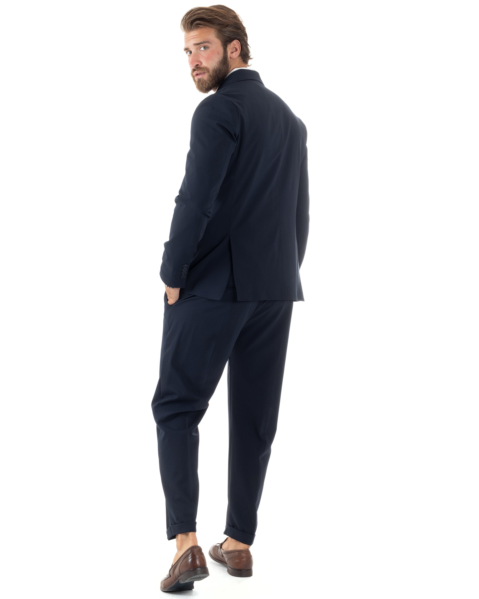 Abito Uomo Doppiopetto Vestito Sartoriale Elegante Completo Giacca Pantaloni Casual Tinta Unita Blu GIOSAL-AE1094A