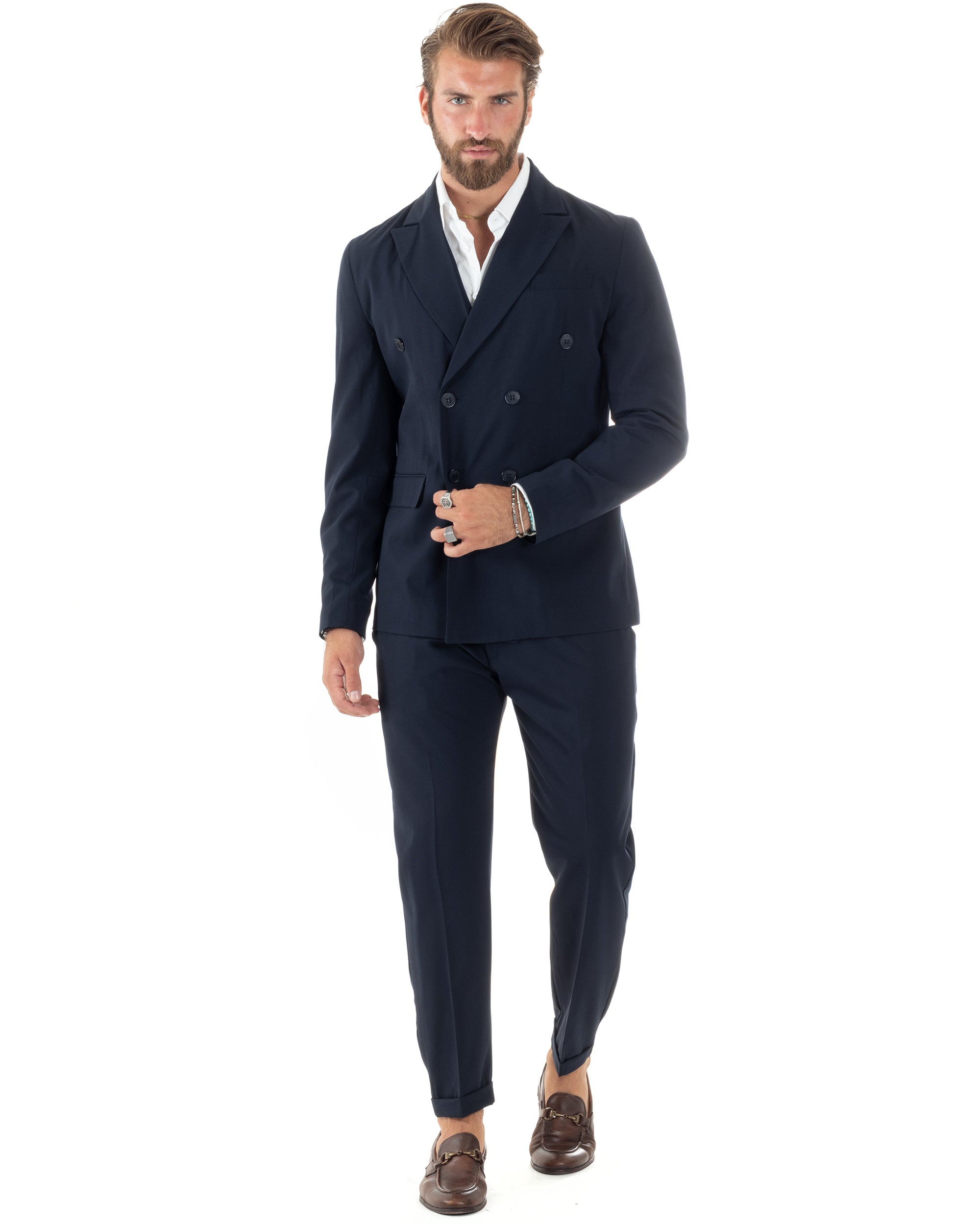 Abito Uomo Doppiopetto Vestito Sartoriale Elegante Completo Giacca Pantaloni Casual Tinta Unita Blu GIOSAL-AE1094A