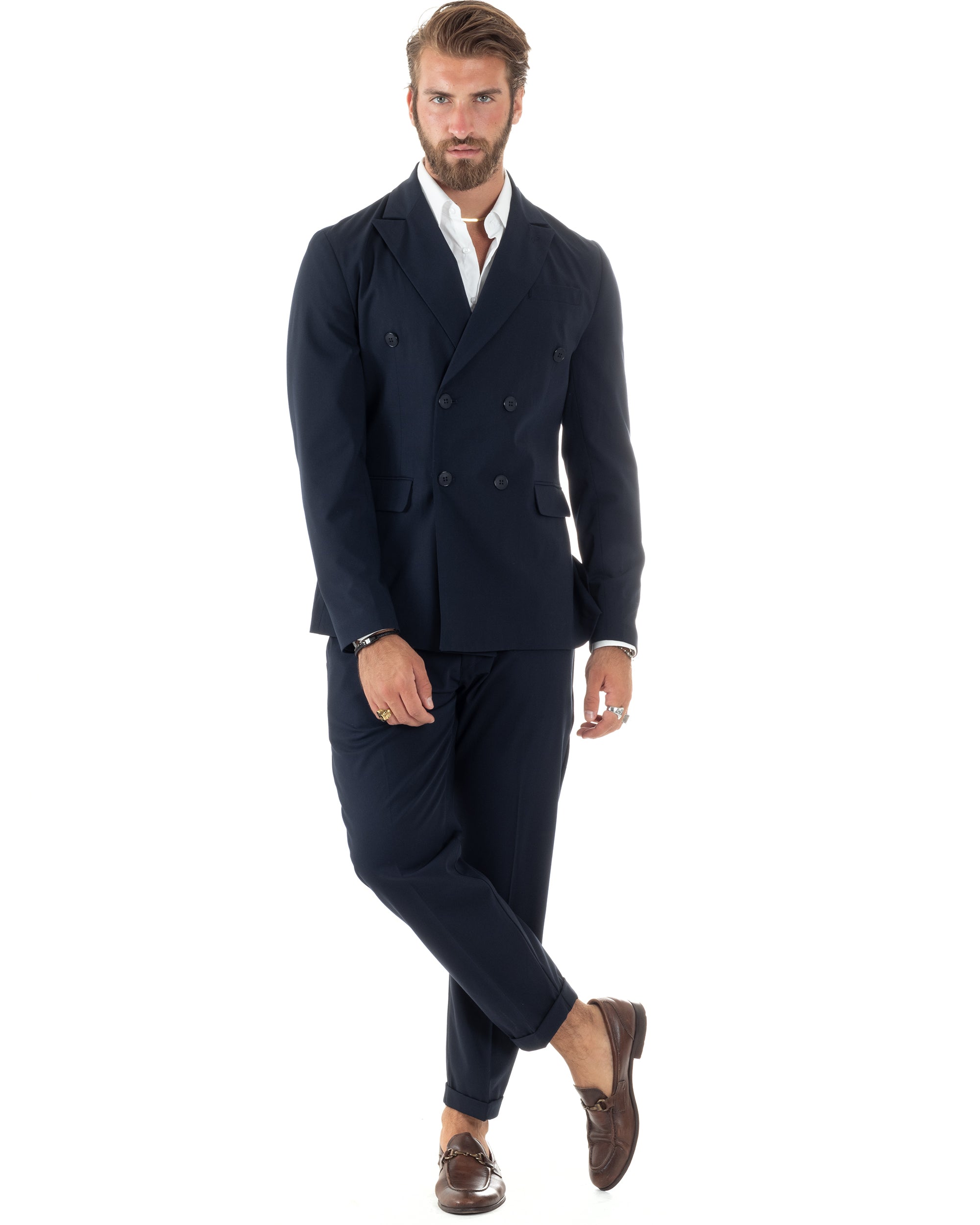 Abito Uomo Doppiopetto Vestito Sartoriale Elegante Completo Giacca Pantaloni Casual Tinta Unita Blu GIOSAL-AE1094A