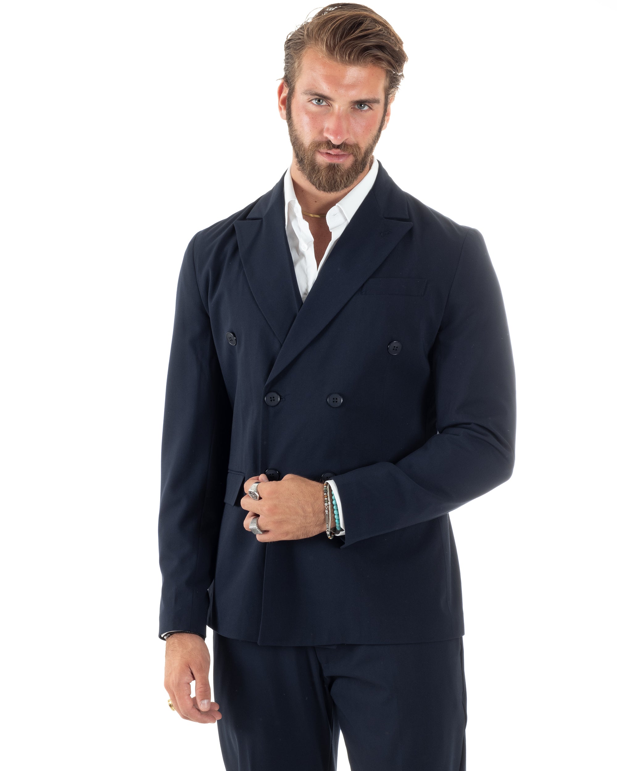 Abito Uomo Doppiopetto Vestito Sartoriale Elegante Completo Giacca Pantaloni Casual Tinta Unita Blu GIOSAL-AE1094A