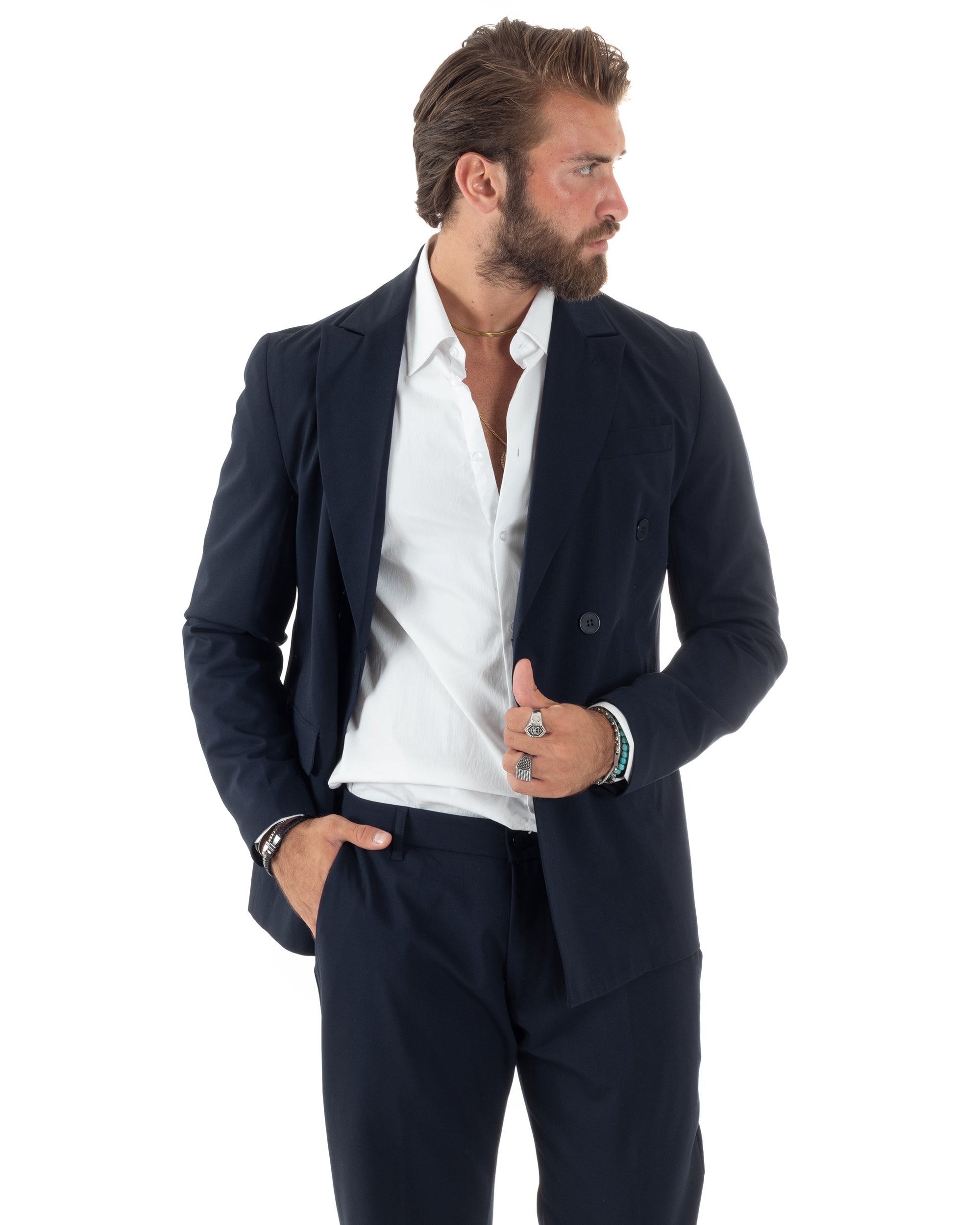 Abito Uomo Doppiopetto Vestito Sartoriale Elegante Completo Giacca Pantaloni Casual Tinta Unita Blu GIOSAL-AE1094A