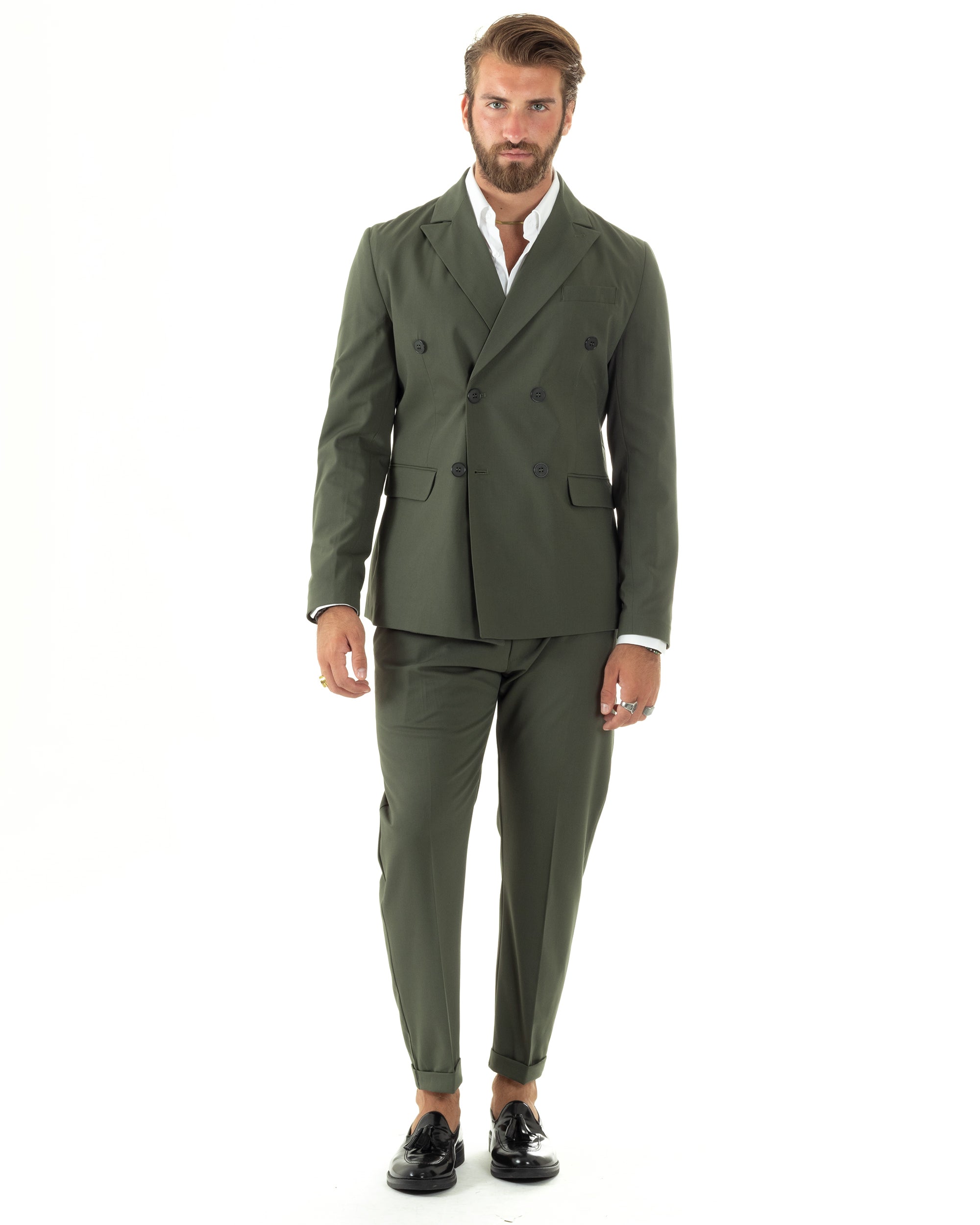 Abito Uomo Doppiopetto Vestito Sartoriale Elegante Completo Giacca Pantaloni Casual Tinta Unita Verde GIOSAL-AE1095A