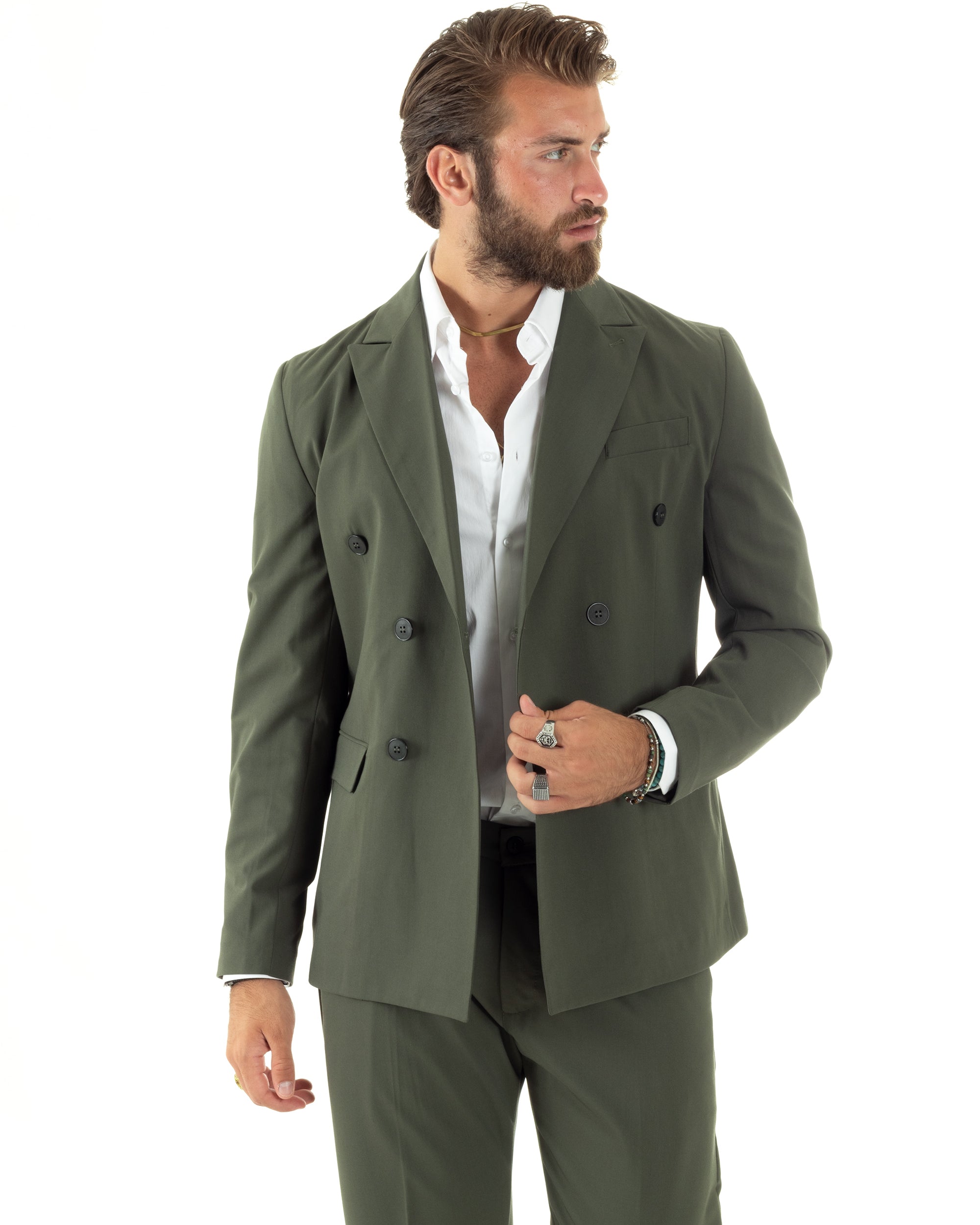 Abito Uomo Doppiopetto Vestito Sartoriale Elegante Completo Giacca Pantaloni Casual Tinta Unita Verde GIOSAL-AE1095A