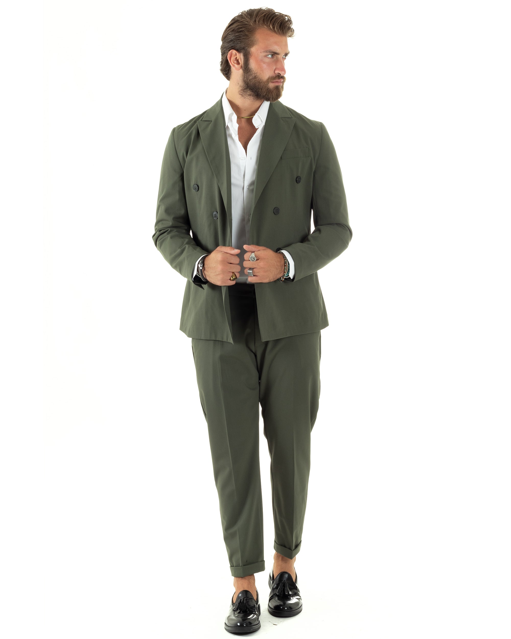 Abito Uomo Doppiopetto Vestito Sartoriale Elegante Completo Giacca Pantaloni Casual Tinta Unita Verde GIOSAL-AE1095A