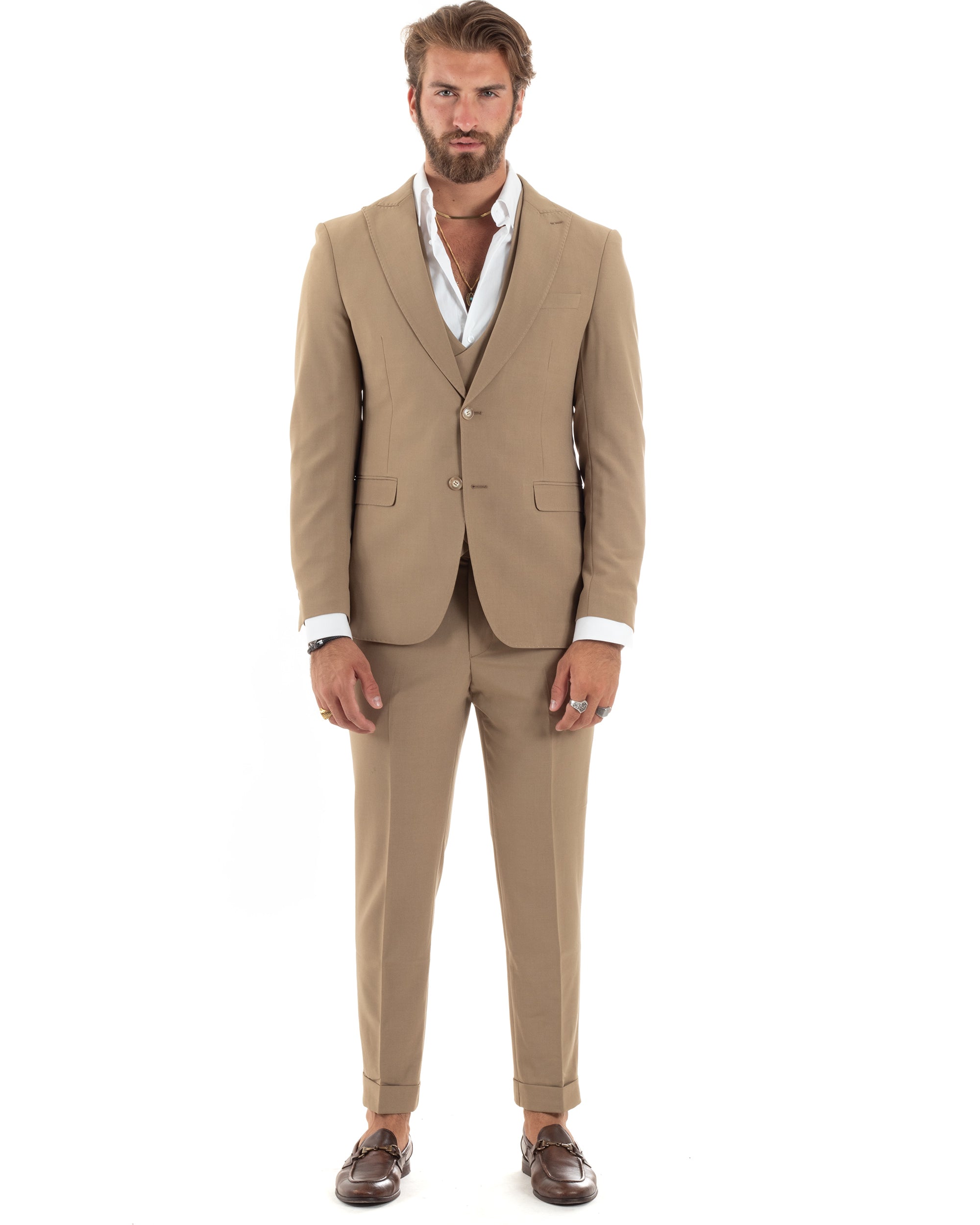 Abito Uomo Monopetto Vestito 3 Pezzi Completo Giacca Pantaloni Panciotto Elegante Sartoriale Camel GIOSAL-AE1096A