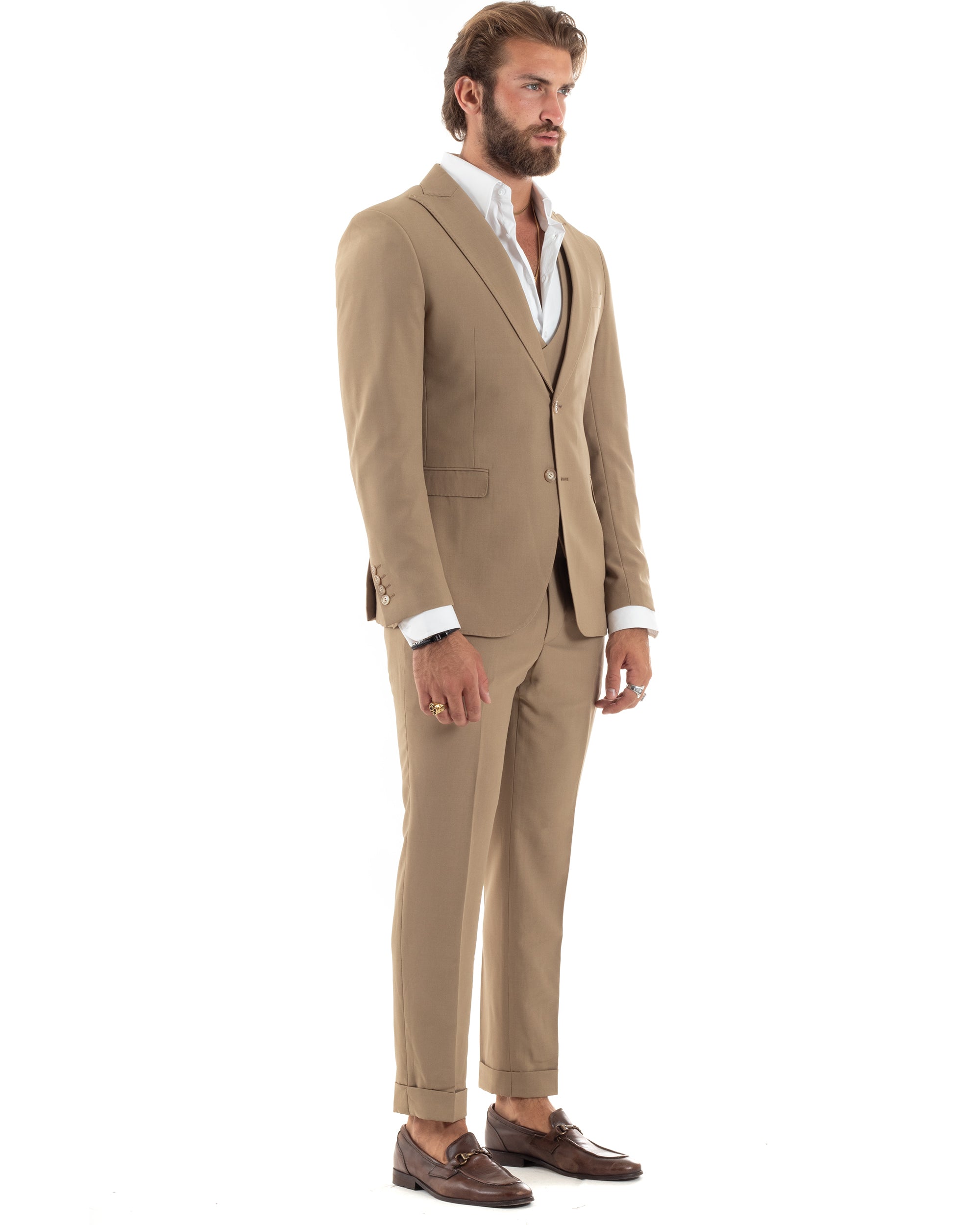 Abito Uomo Monopetto Vestito 3 Pezzi Completo Giacca Pantaloni Panciotto Elegante Sartoriale Camel GIOSAL-AE1096A