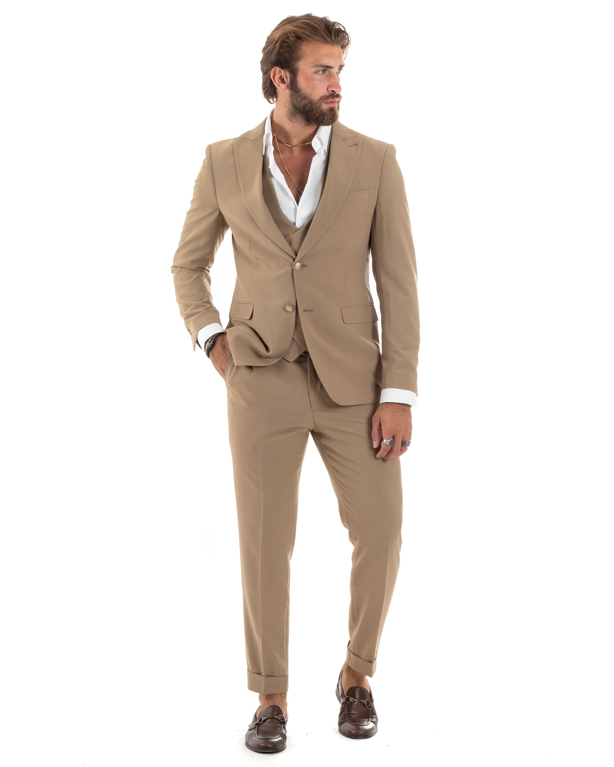 Abito Uomo Monopetto Vestito 3 Pezzi Completo Giacca Pantaloni Panciotto Elegante Sartoriale Camel GIOSAL-AE1096A