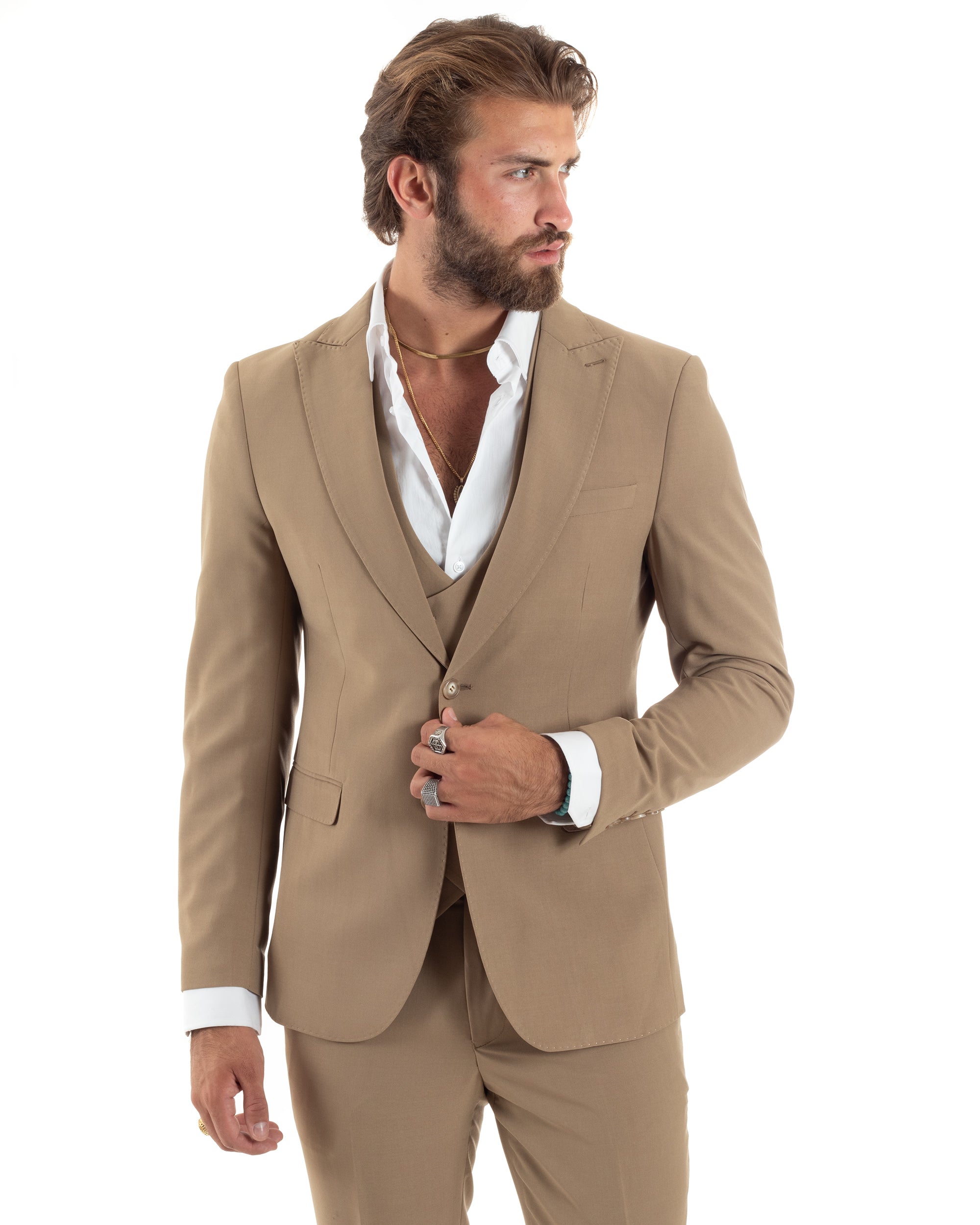 Abito Uomo Monopetto Vestito 3 Pezzi Completo Giacca Pantaloni Panciotto Elegante Sartoriale Camel GIOSAL-AE1096A