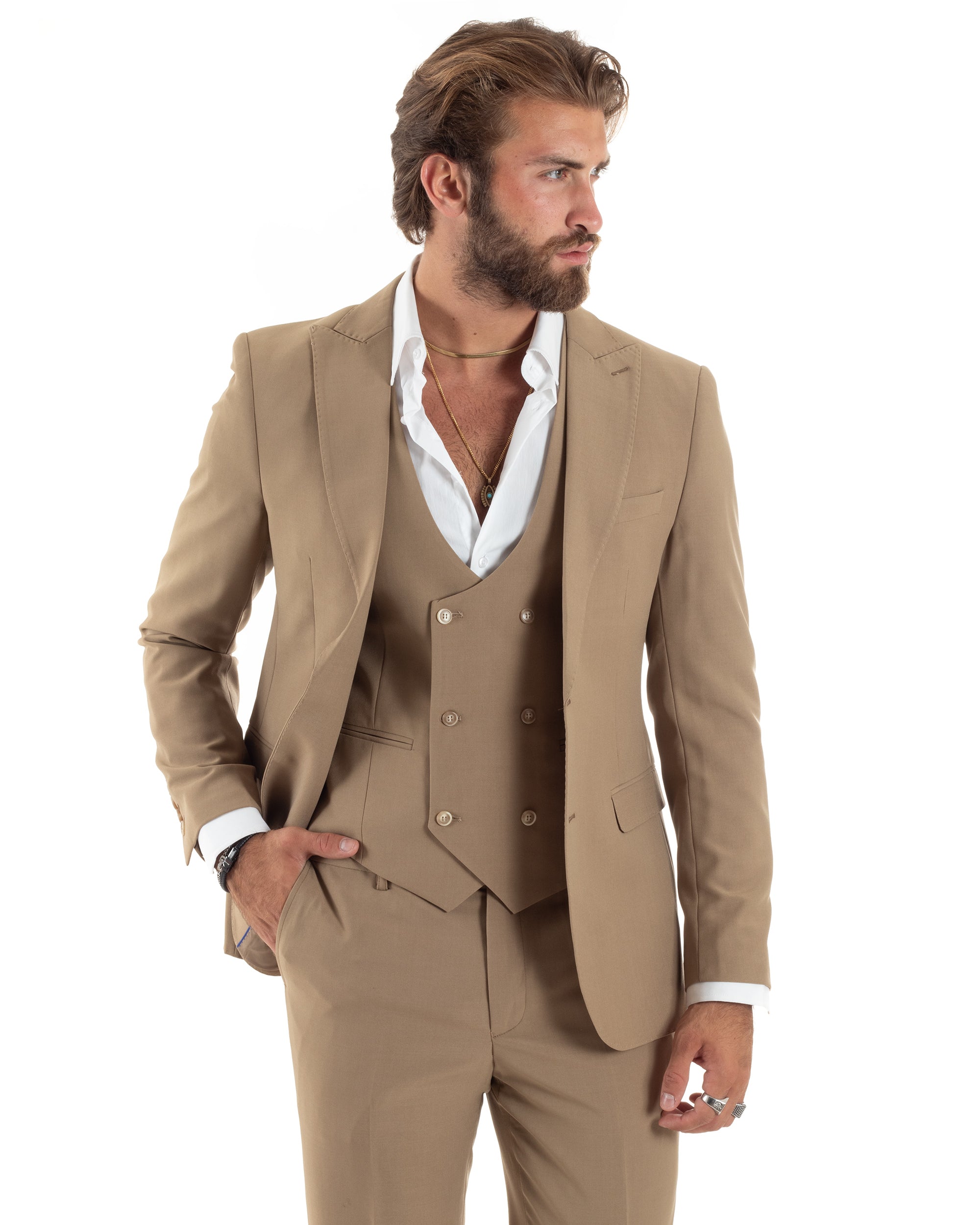 Abito Uomo Monopetto Vestito 3 Pezzi Completo Giacca Pantaloni Panciotto Elegante Sartoriale Camel GIOSAL-AE1096A