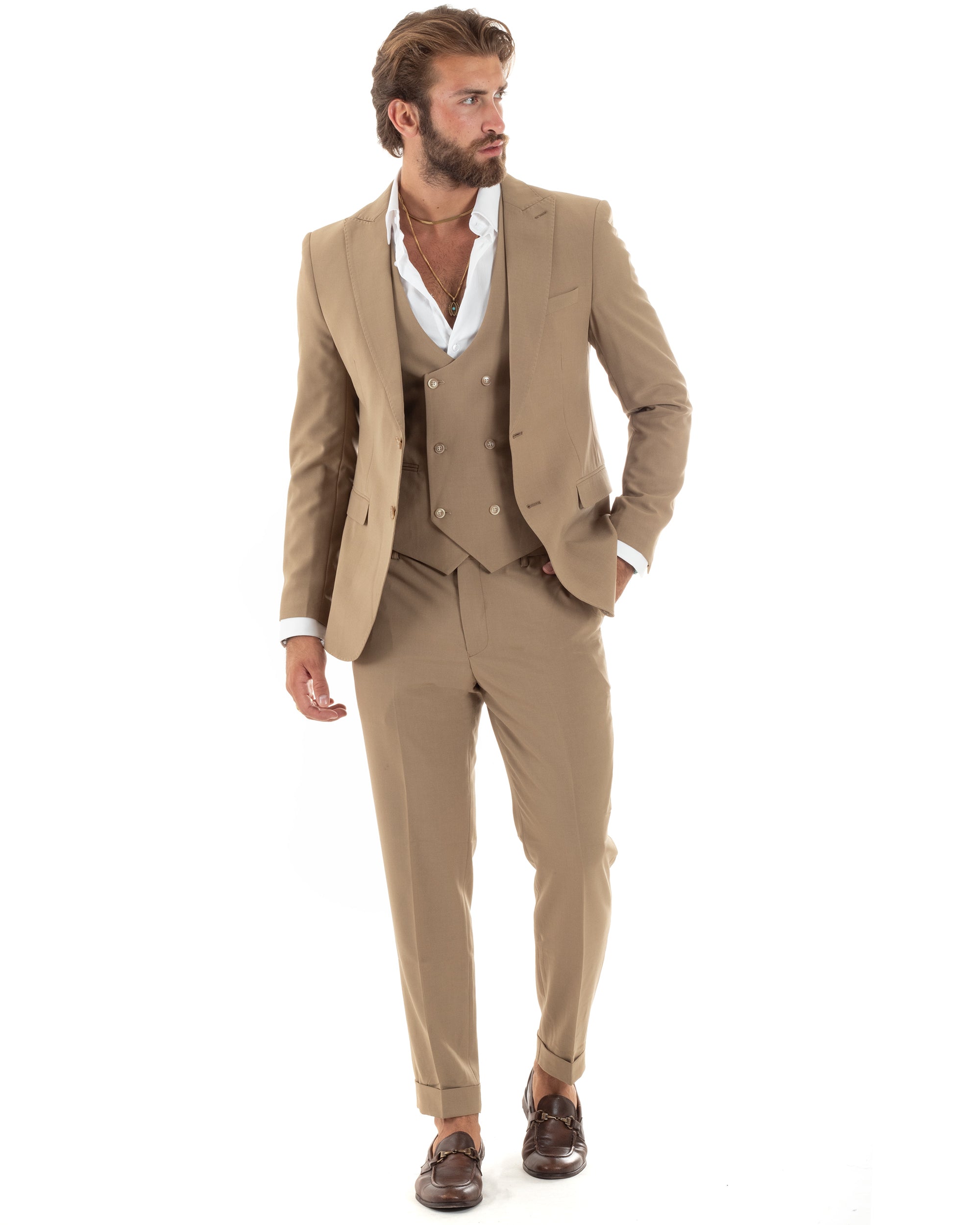 Abito Uomo Monopetto Vestito 3 Pezzi Completo Giacca Pantaloni Panciotto Elegante Sartoriale Camel GIOSAL-AE1096A