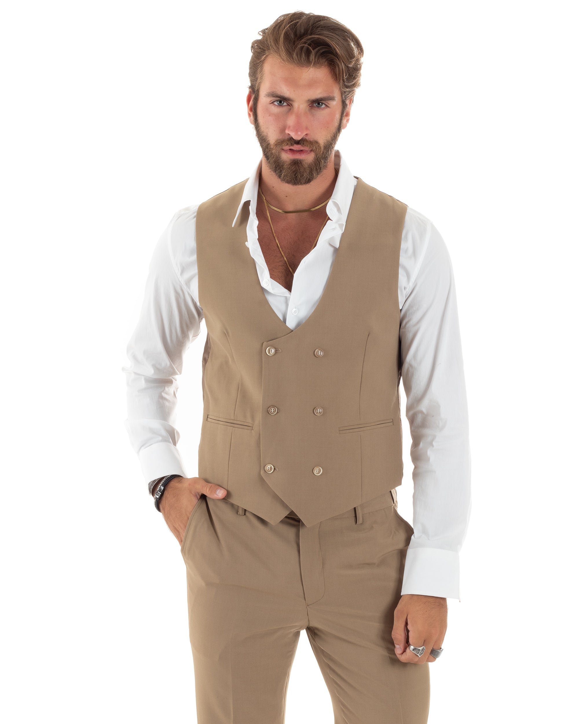 Abito Uomo Monopetto Vestito 3 Pezzi Completo Giacca Pantaloni Panciotto Elegante Sartoriale Camel GIOSAL-AE1096A