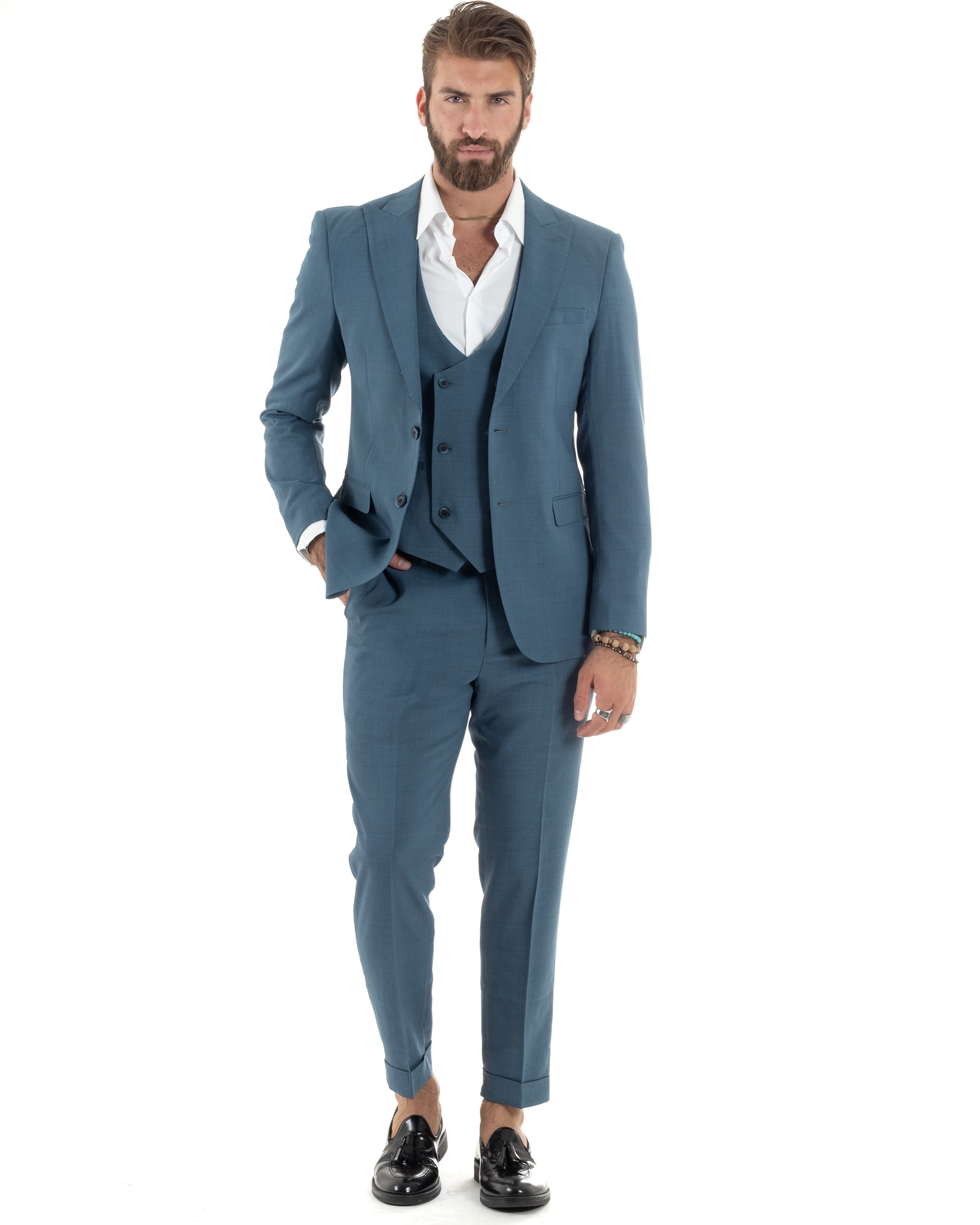 Abito Uomo Monopetto Vestito 3 Pezzi Completo Giacca Pantaloni Panciotto Elegante Sartoriale Denim GIOSAL-AE1097A