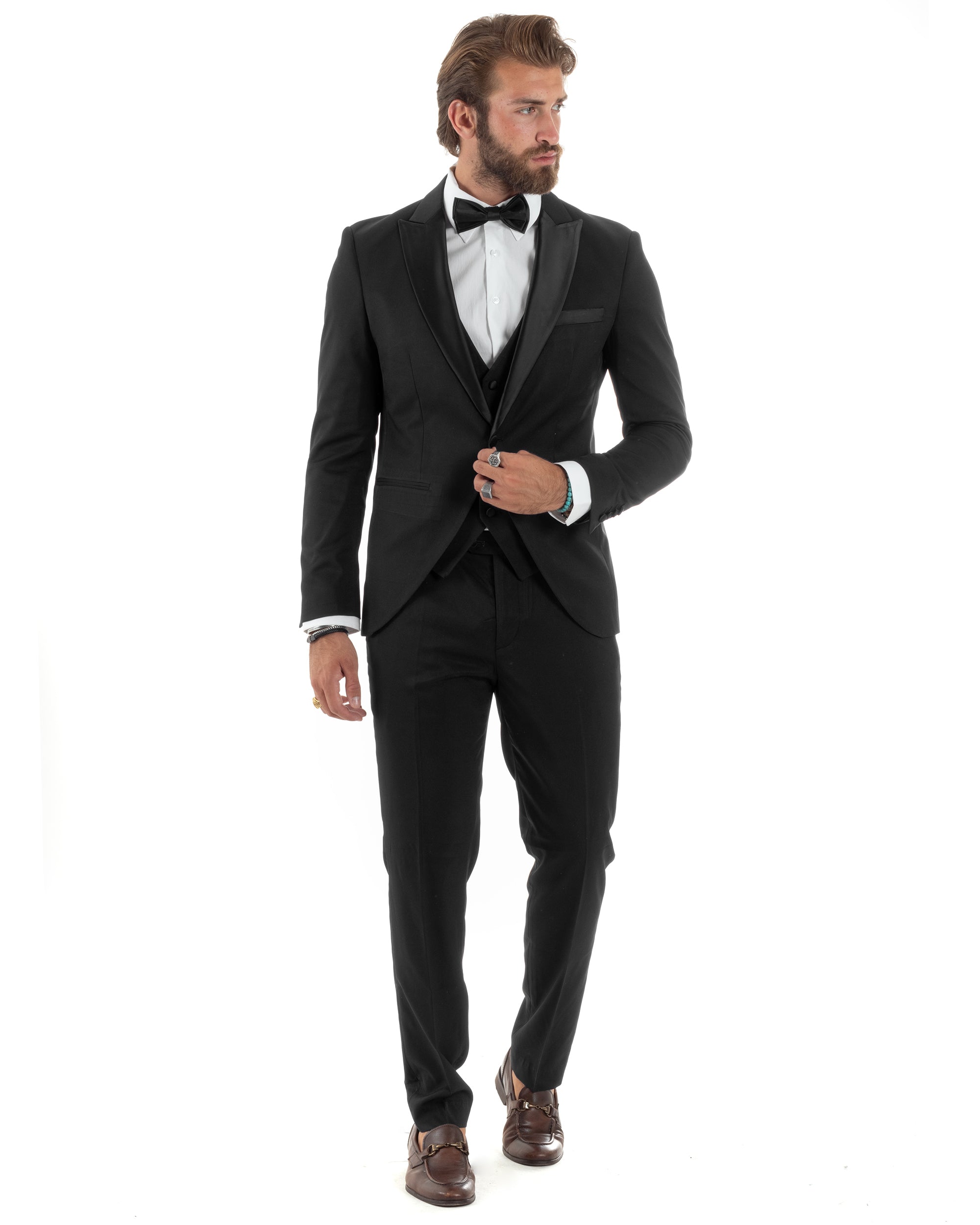 Abito Uomo Monopetto Vestito 3 Pezzi Completo Giacca Pantaloni Panciotto Smoking Raso Elegante Sartoriale Nero GIOSAL-AE1098A