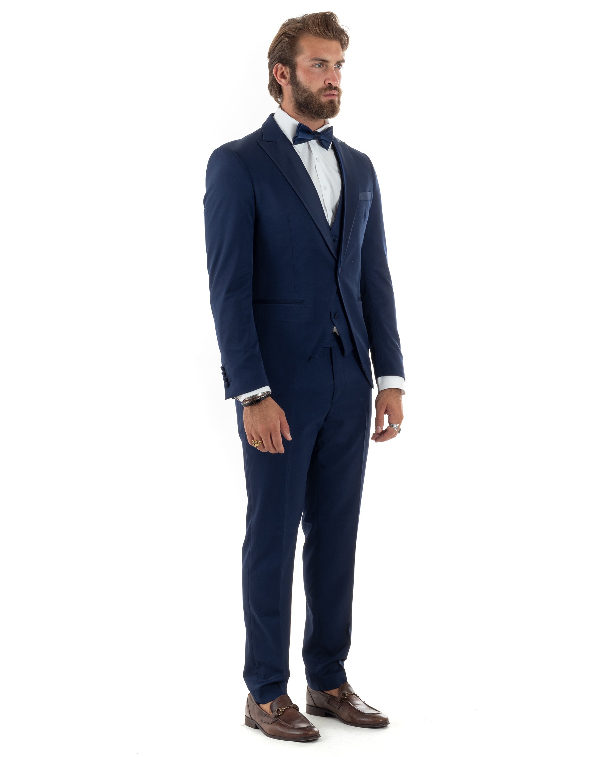 Abito Uomo Monopetto Vestito 3 Pezzi Completo Giacca Pantaloni Panciotto Smoking Raso Elegante Sartoriale Blu GIOSAL-AE1099A