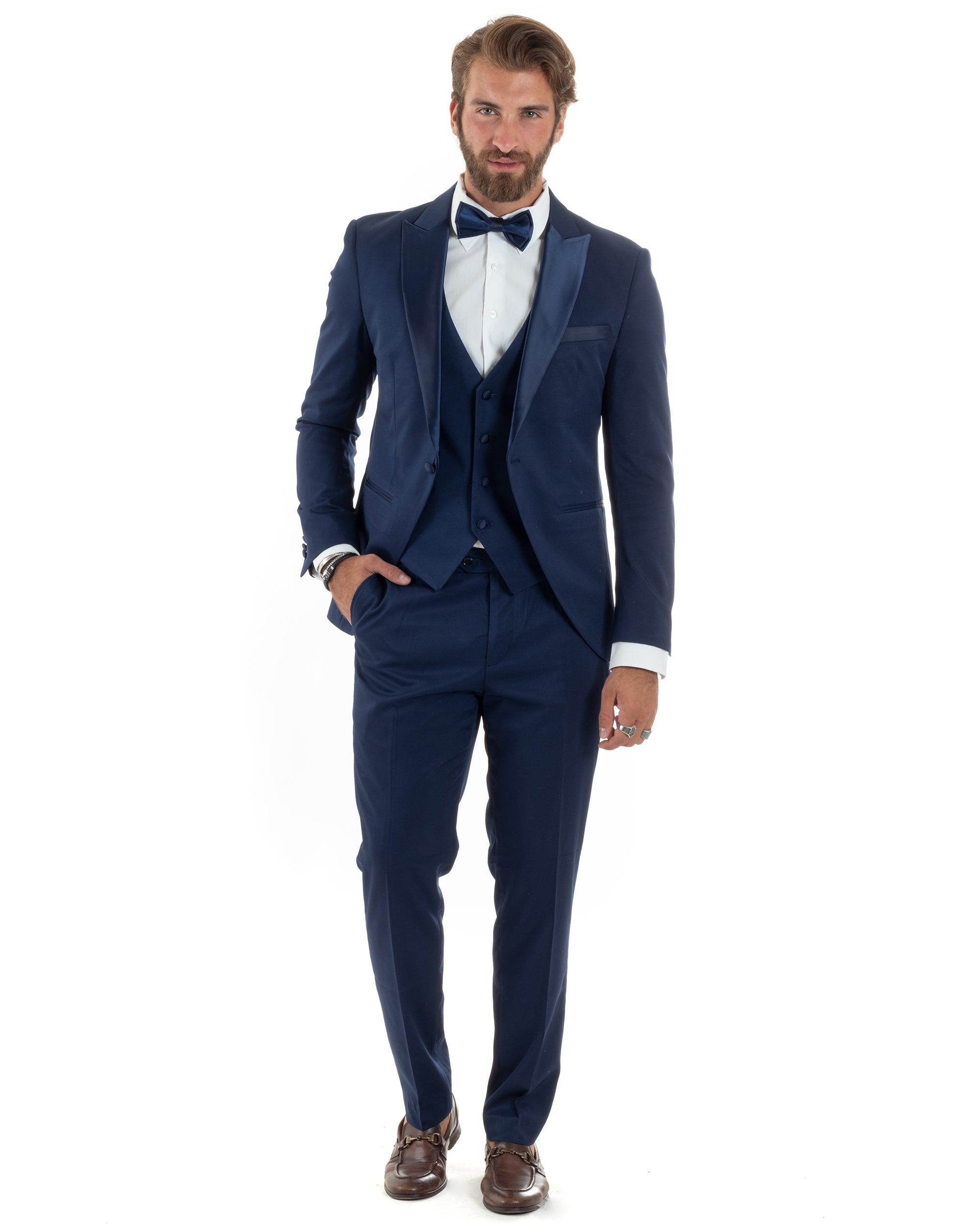 Abito Uomo Monopetto Vestito 3 Pezzi Completo Giacca Pantaloni Panciotto Smoking Raso Elegante Sartoriale Blu GIOSAL-AE1099A