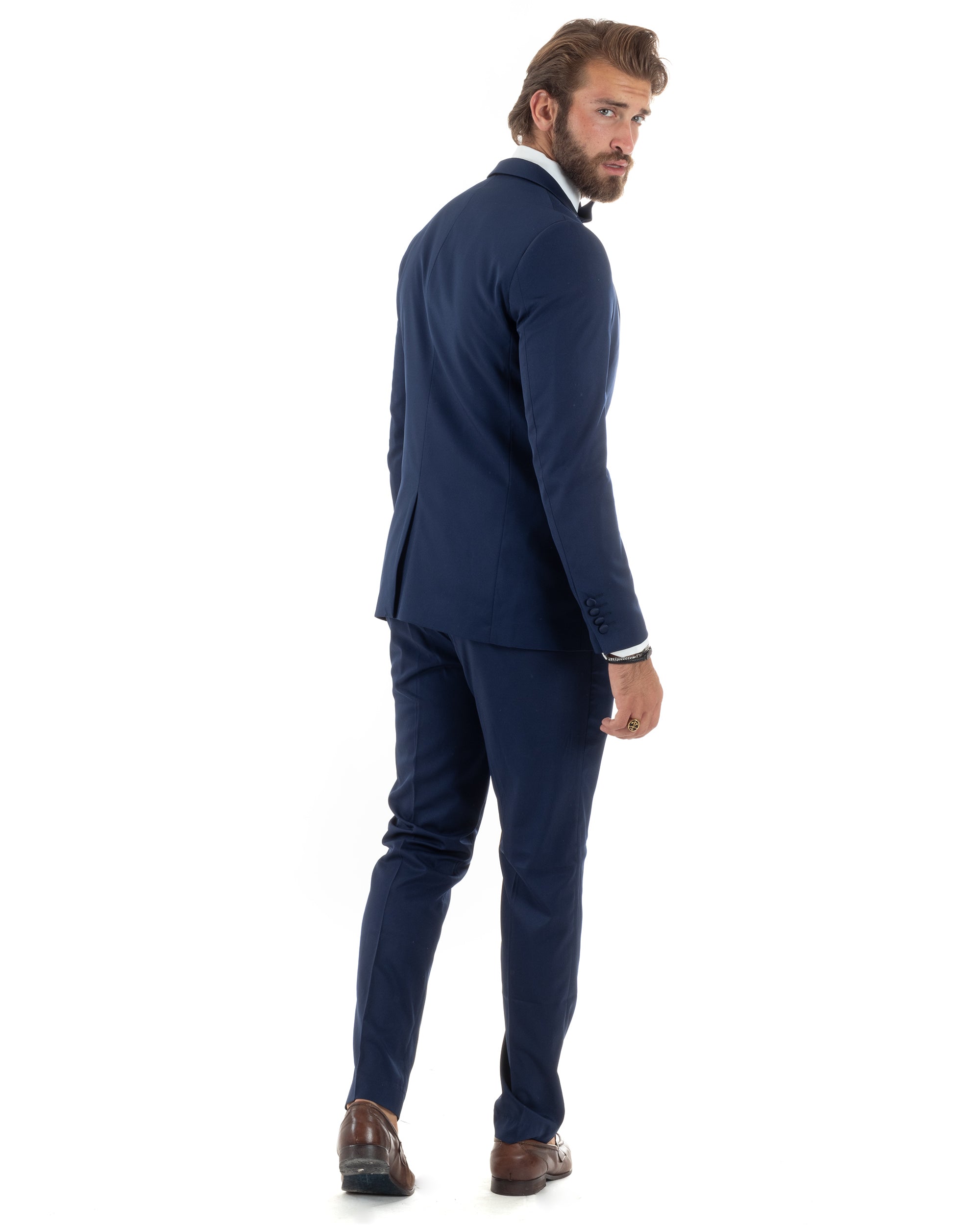 Abito Uomo Monopetto Vestito 3 Pezzi Completo Giacca Pantaloni Panciotto Smoking Raso Elegante Sartoriale Blu GIOSAL-AE1099A