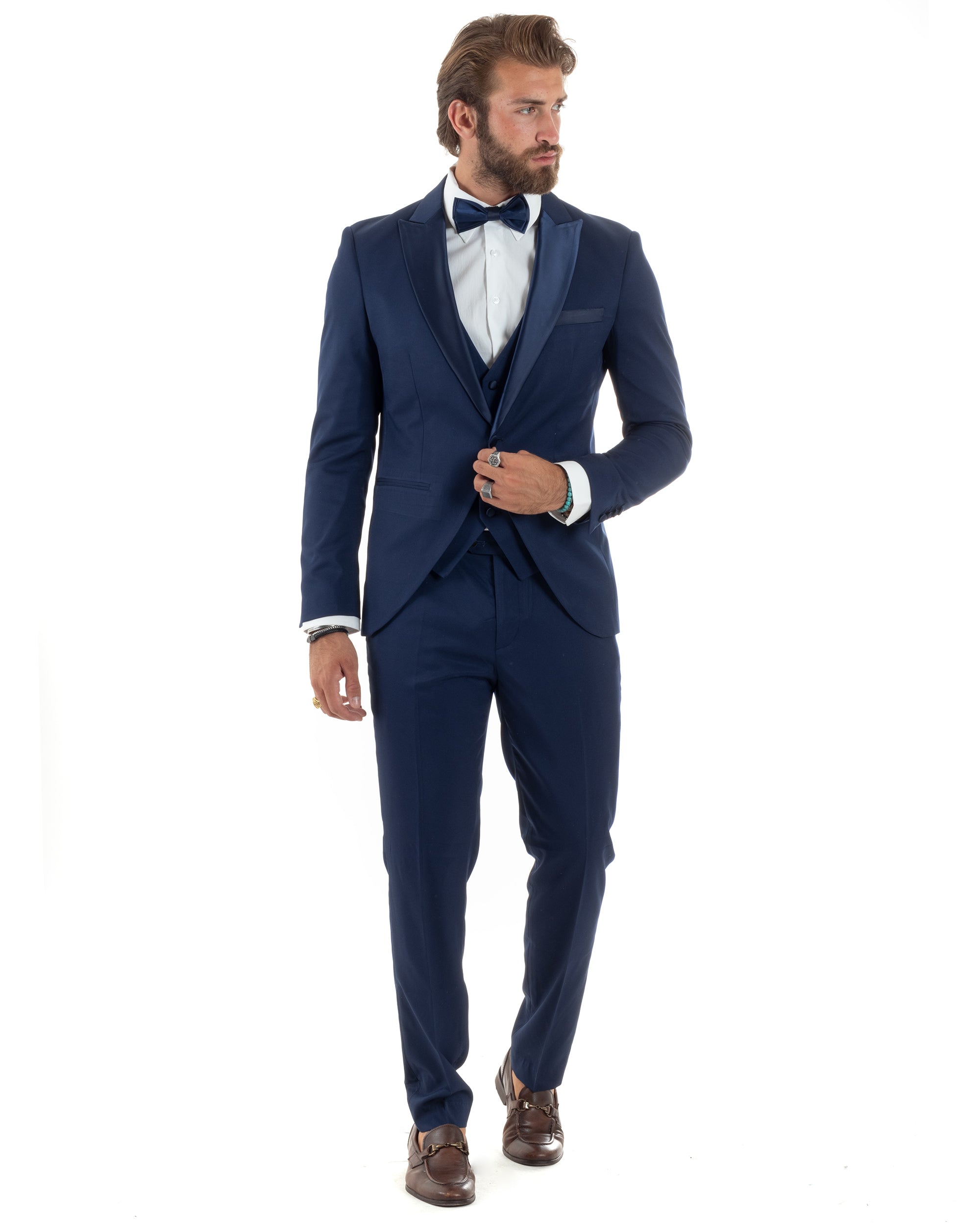 Abito Uomo Monopetto Vestito 3 Pezzi Completo Giacca Pantaloni Panciotto Smoking Raso Elegante Sartoriale Blu GIOSAL-AE1099A