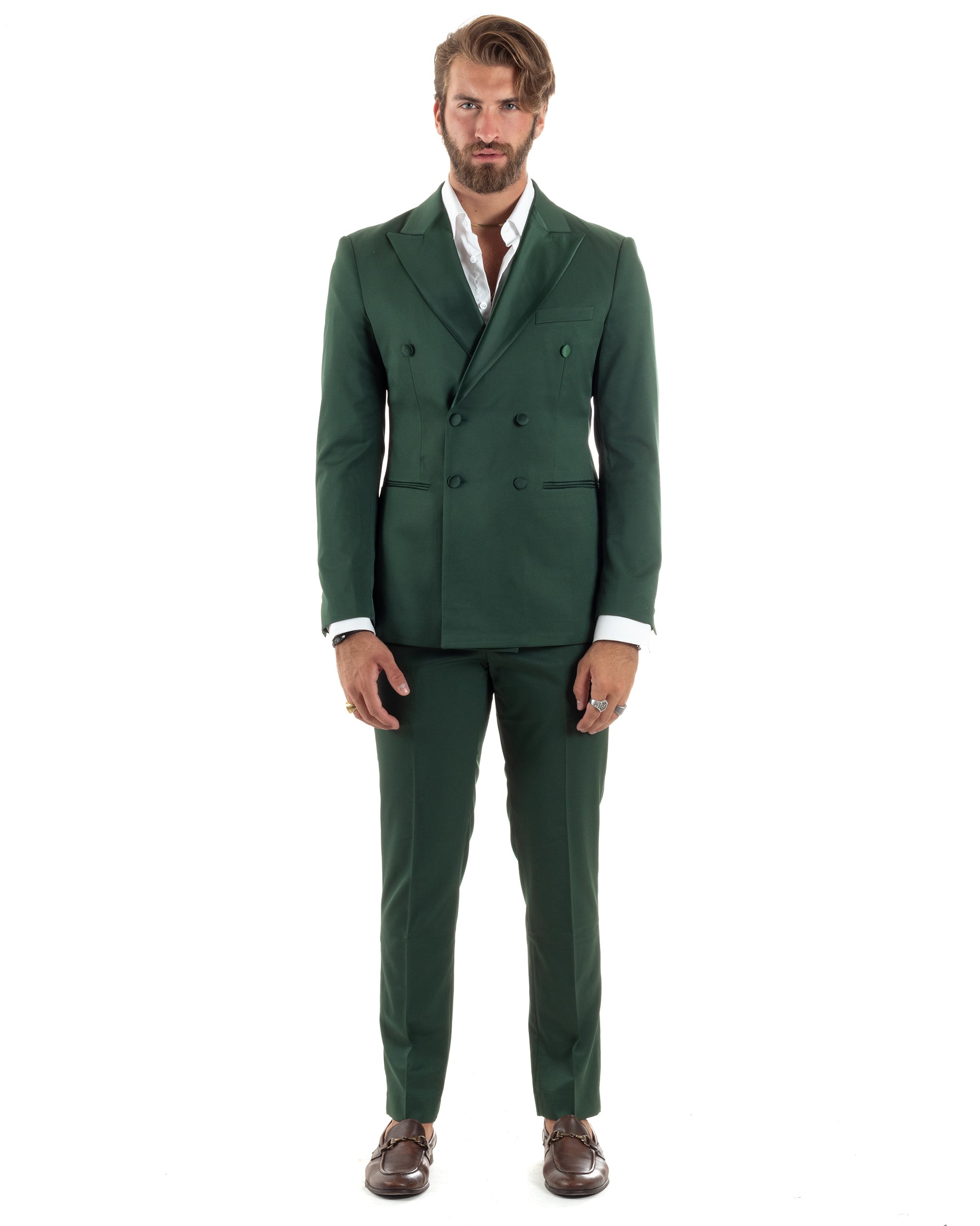 Abito Uomo Doppiopetto Vestito Completo Giacca Pantaloni Bottoni Revers Raso Verde Elegante Smoking GIOSAL-AE1100A