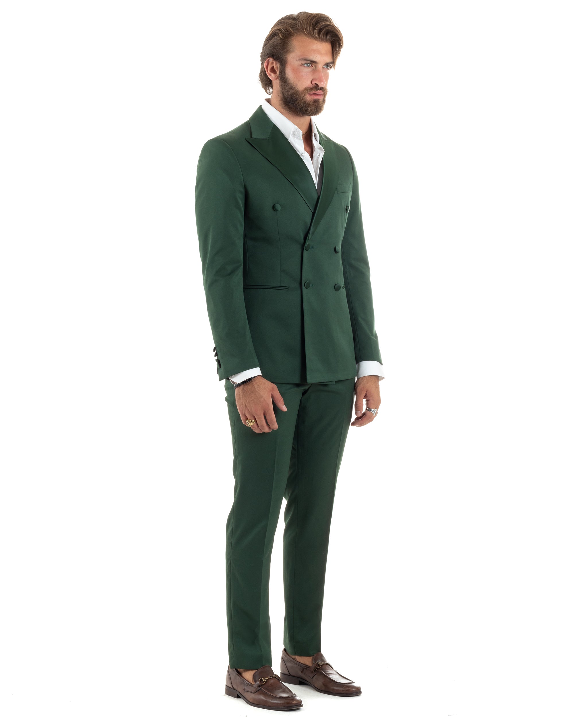 Abito Uomo Doppiopetto Vestito Completo Giacca Pantaloni Bottoni Rever Raso Verde Elegante Smoking GIOSAL-AE1100A