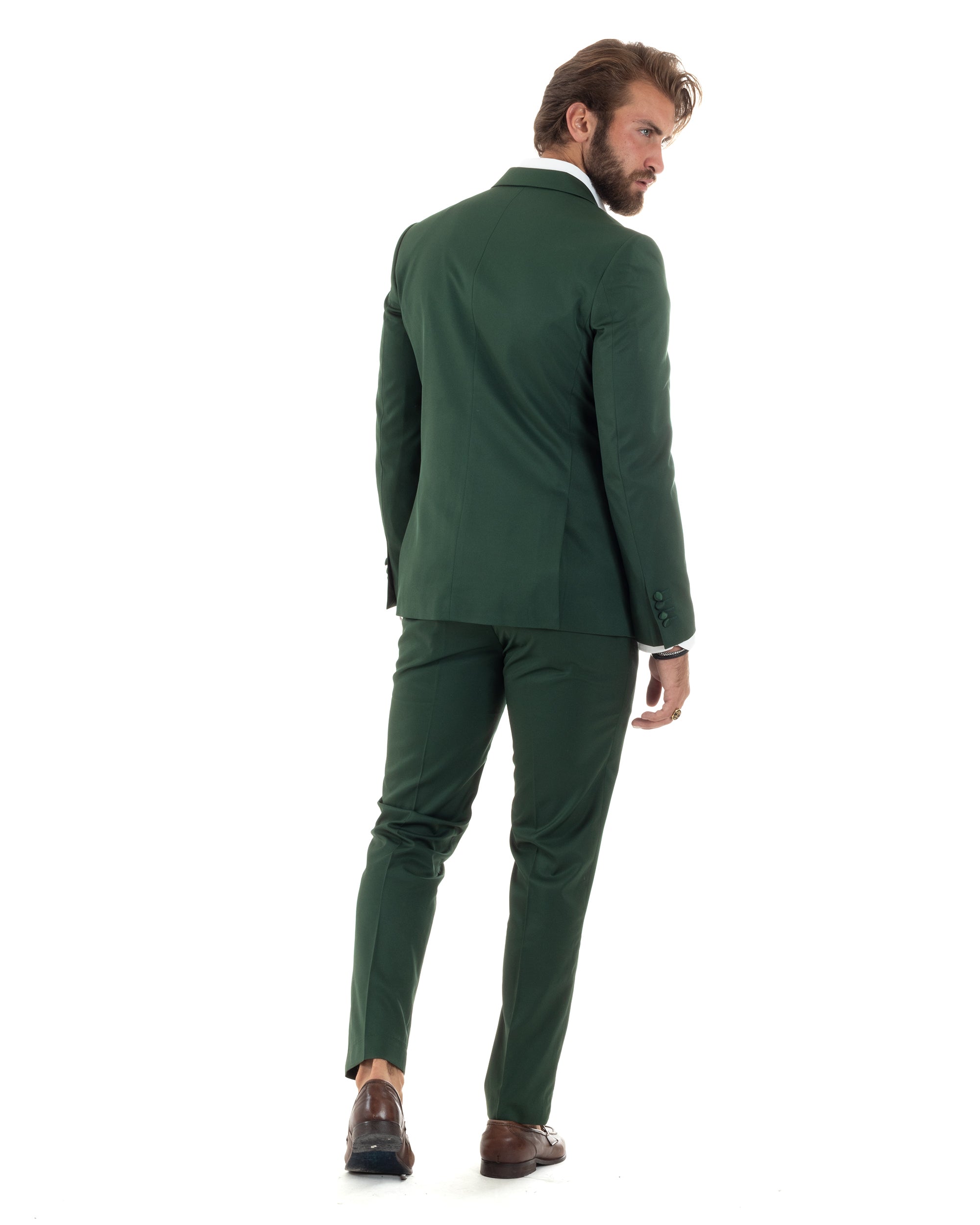 Abito Uomo Doppiopetto Vestito Completo Giacca Pantaloni Bottoni Rever Raso Verde Elegante Smoking GIOSAL-AE1100A