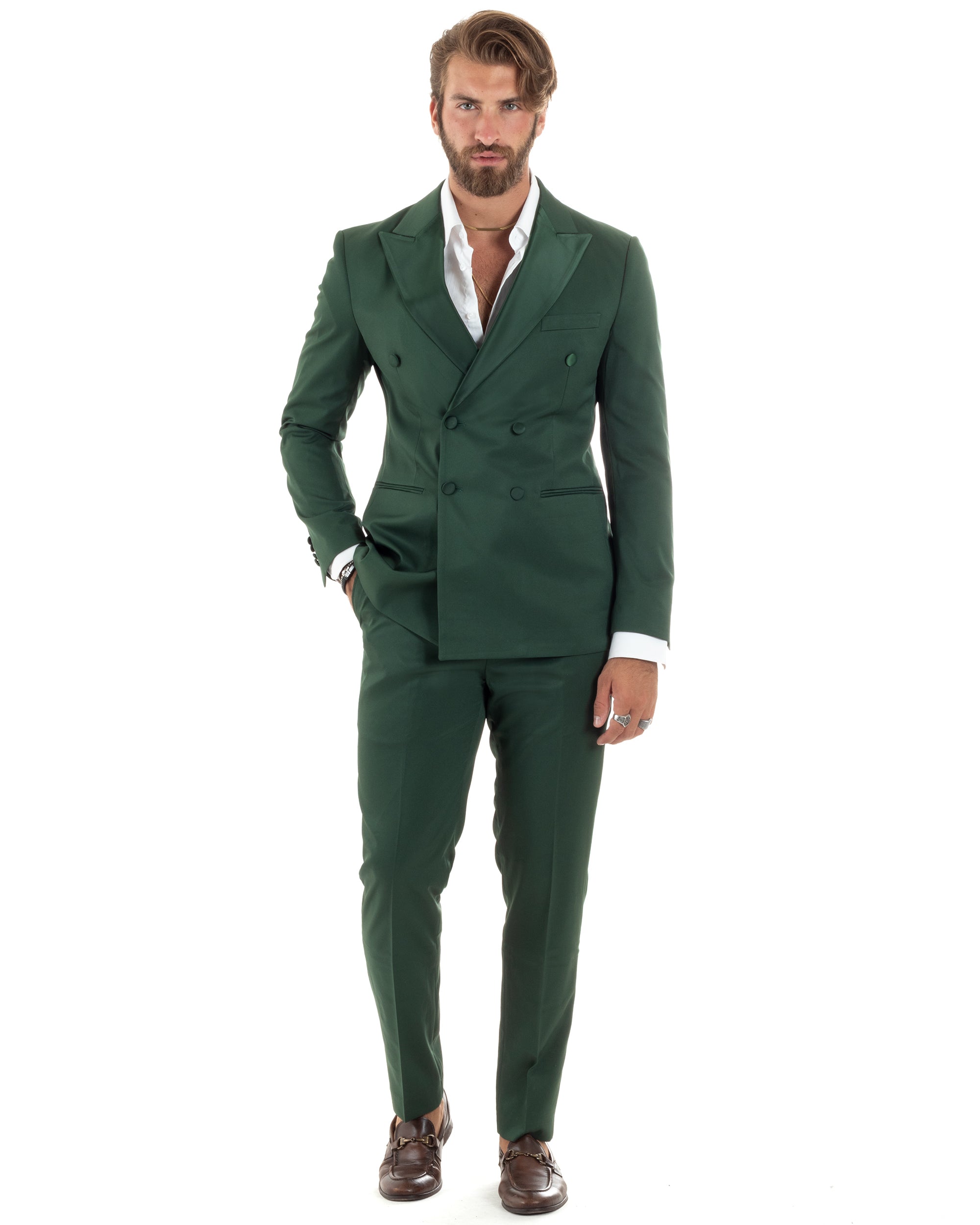 Abito Uomo Doppiopetto Vestito Completo Giacca Pantaloni Bottoni Revers Raso Verde Elegante Smoking GIOSAL-AE1100A