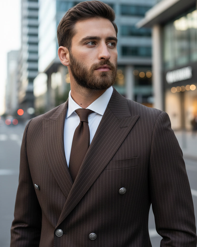 Abito Uomo Doppiopetto Vestito Completo Rigato Giacca Pantaloni Bottoni Metallo Fantasia Gessata Marrone AE1101A