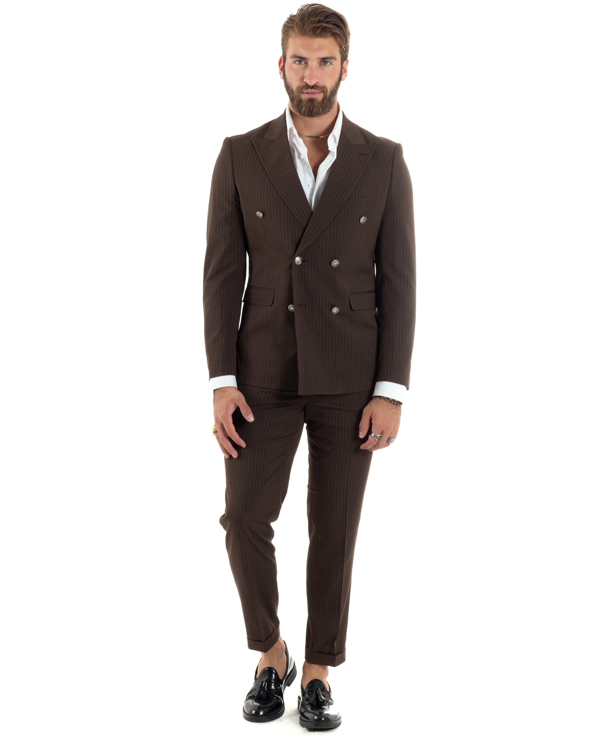 Abito Uomo Doppiopetto Vestito Completo Rigato Elegante Sartoriale Giacca Pantaloni Bottoni Metallo Fantasia Gessata Marrone GIOSAL-AE1101A