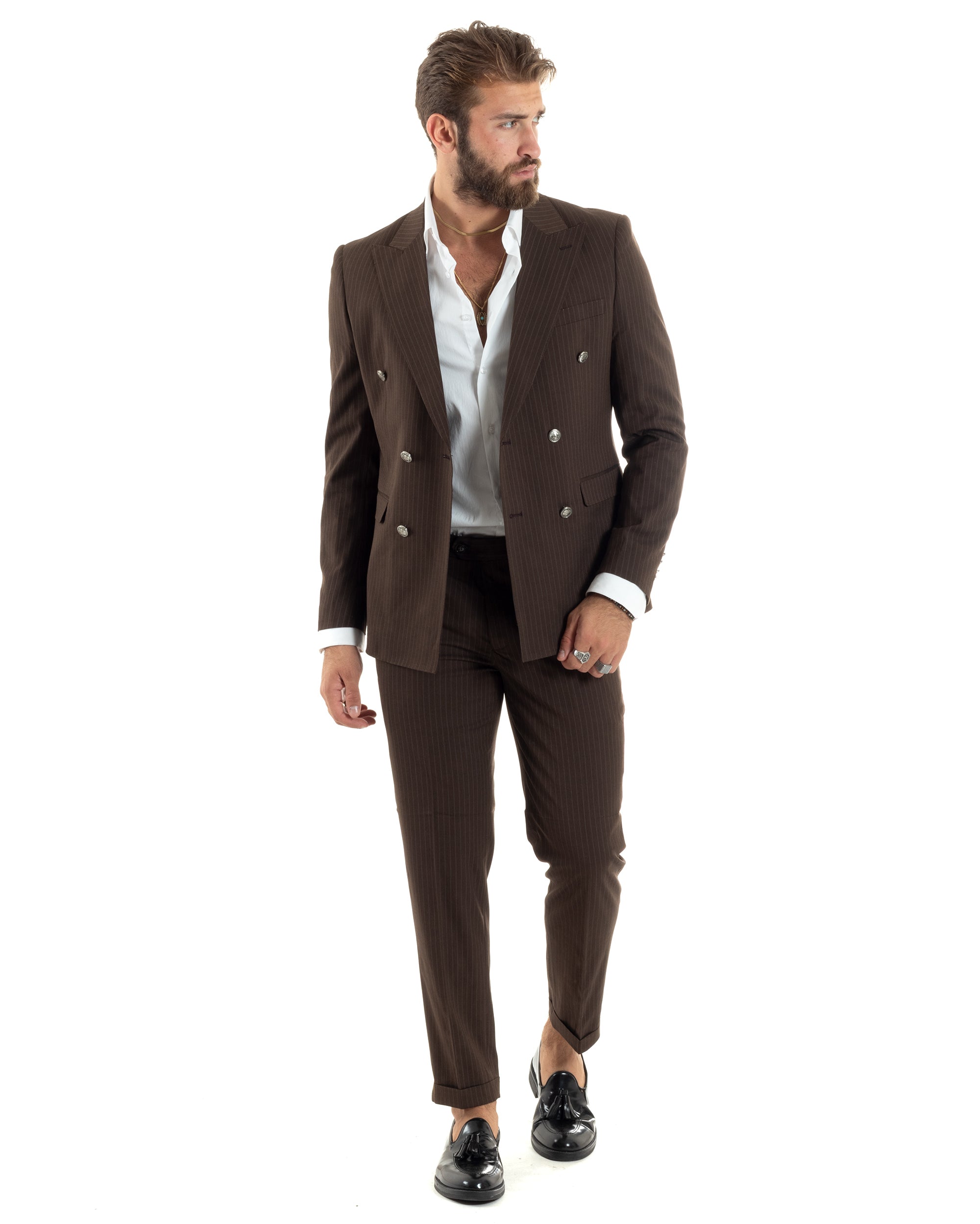 Abito Uomo Doppiopetto Vestito Completo Rigato Elegante Sartoriale Giacca Pantaloni Bottoni Metallo Fantasia Gessata Marrone GIOSAL-AE1101A