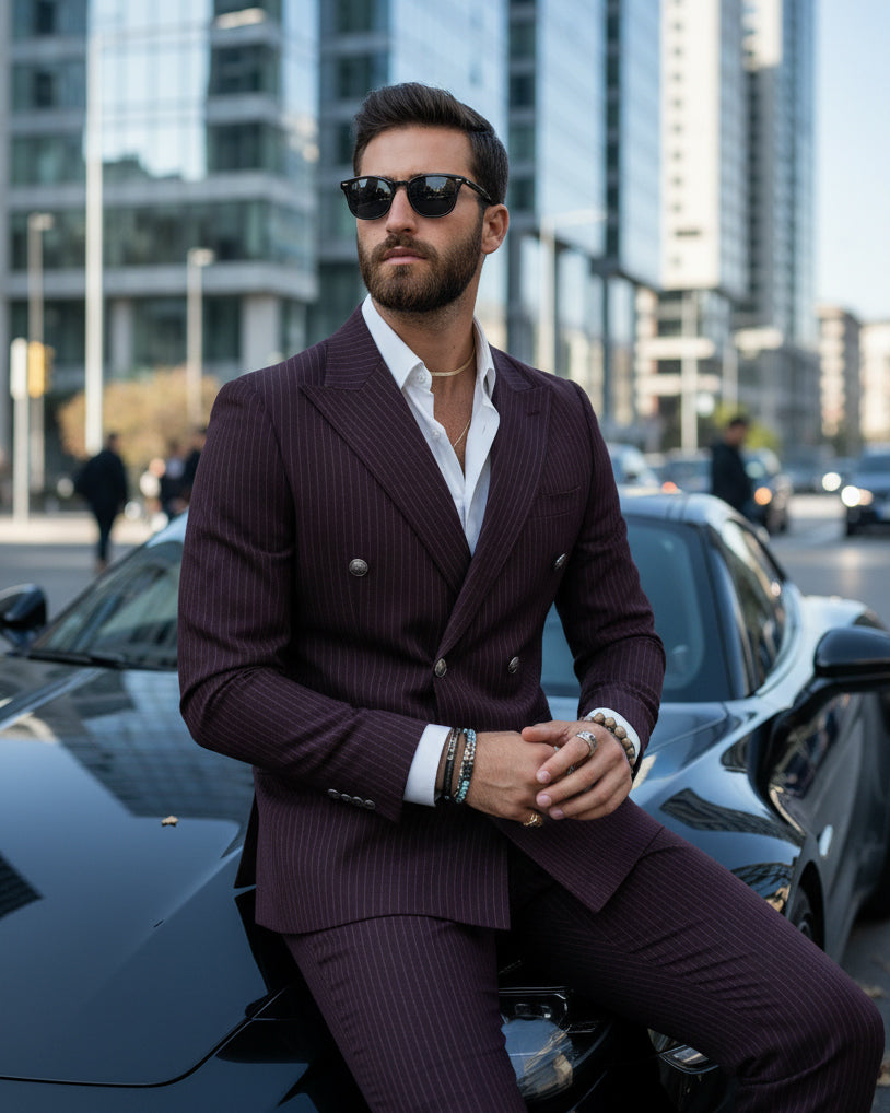 Abito Uomo Doppiopetto Vestito Completo Rigato Giacca Pantaloni Bottoni Metallo Fantasia Gessata Bordeaux AE1102A