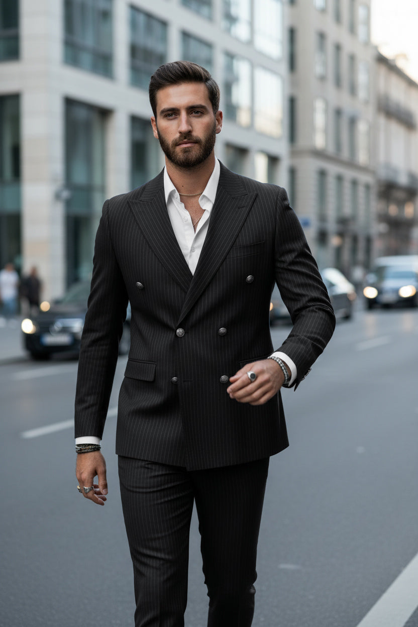 Abito Uomo Doppiopetto Vestito Completo Rigato Giacca Pantaloni Bottoni Metallo Fantasia Gessata Nero AE1103A