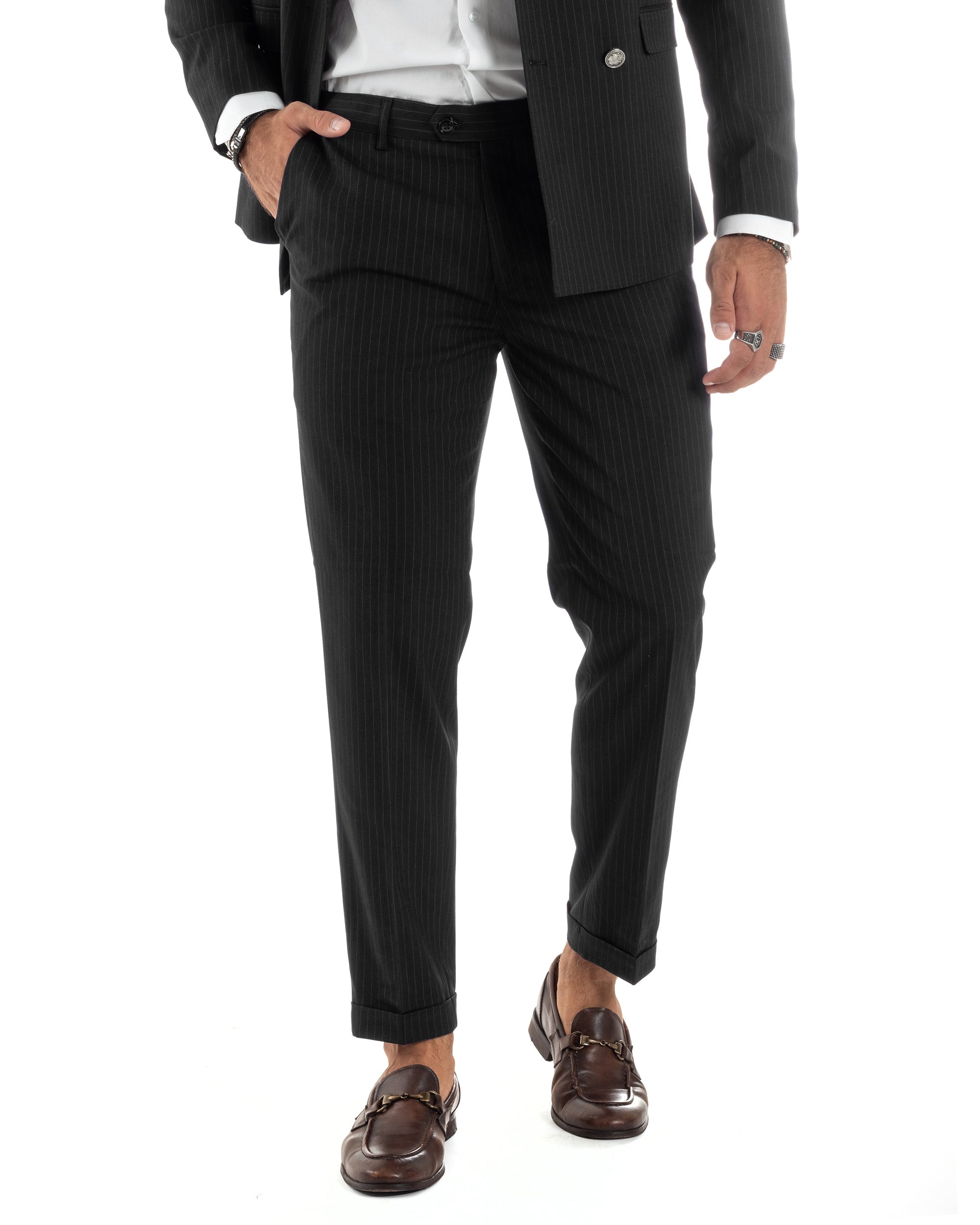 Abito Uomo Doppiopetto Vestito Completo Rigato Elegante Sartoriale Giacca Pantaloni Bottoni Metallo Fantasia Gessata Nero GIOSAL-AE1103A