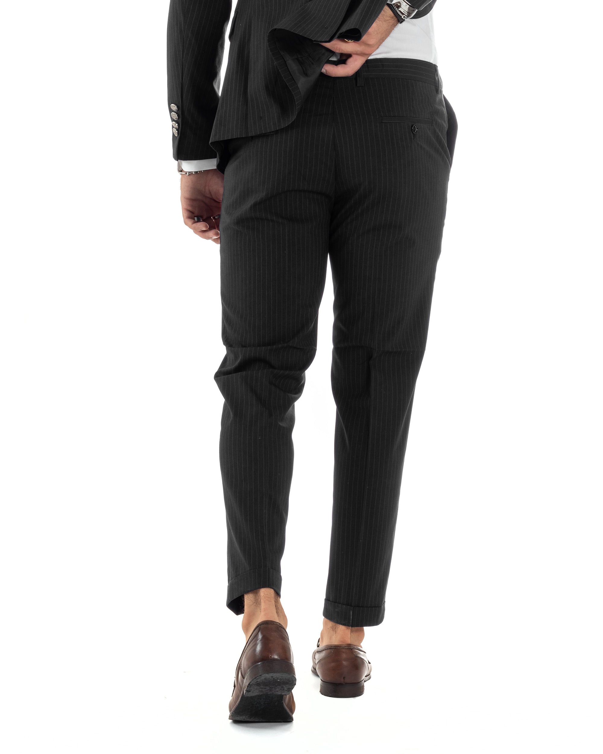 Abito Uomo Doppiopetto Vestito Completo Rigato Elegante Sartoriale Giacca Pantaloni Bottoni Metallo Fantasia Gessata Nero GIOSAL-AE1103A