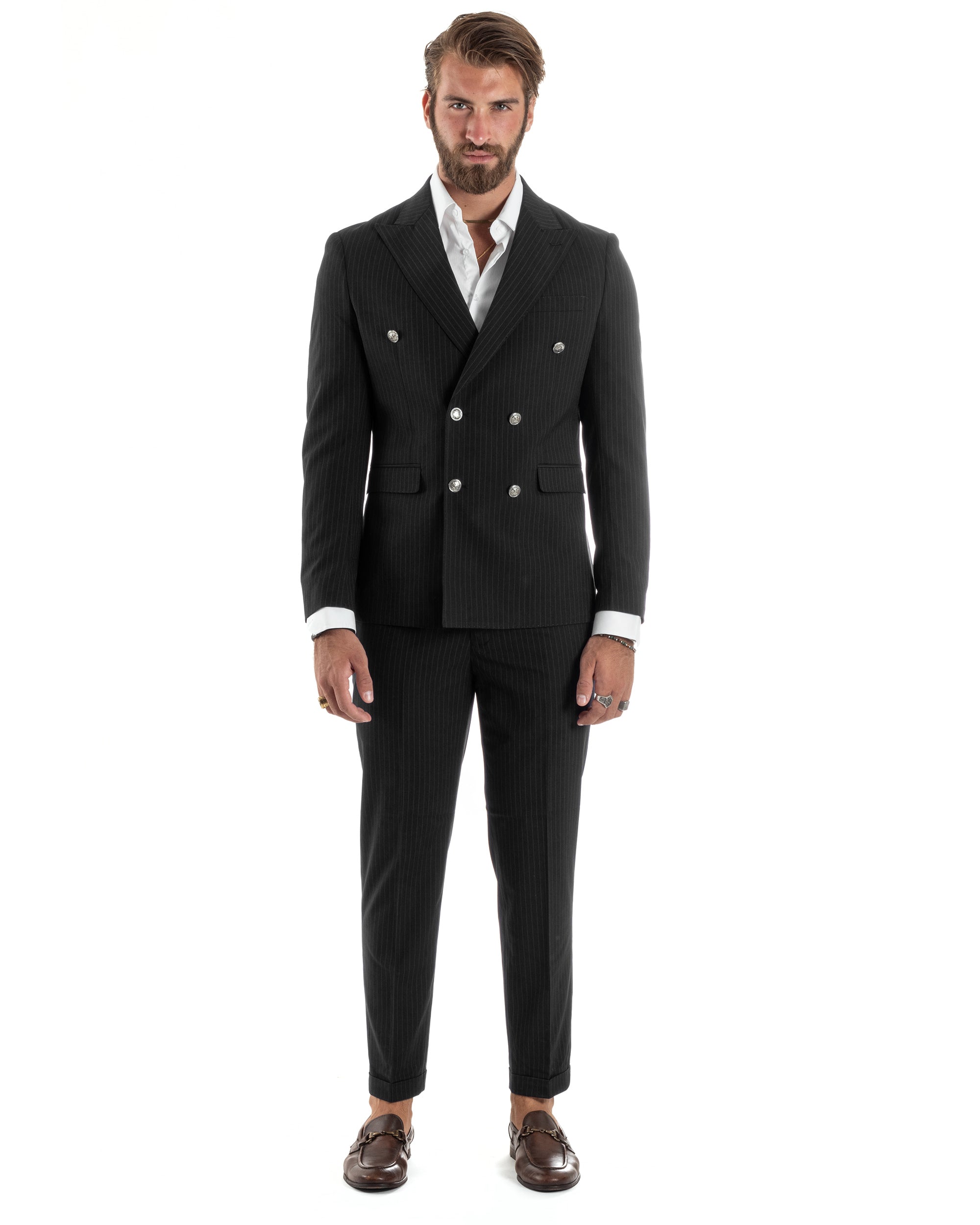 Abito Uomo Doppiopetto Vestito Completo Rigato Elegante Sartoriale Giacca Pantaloni Bottoni Metallo Fantasia Gessata Nero GIOSAL-AE1103A