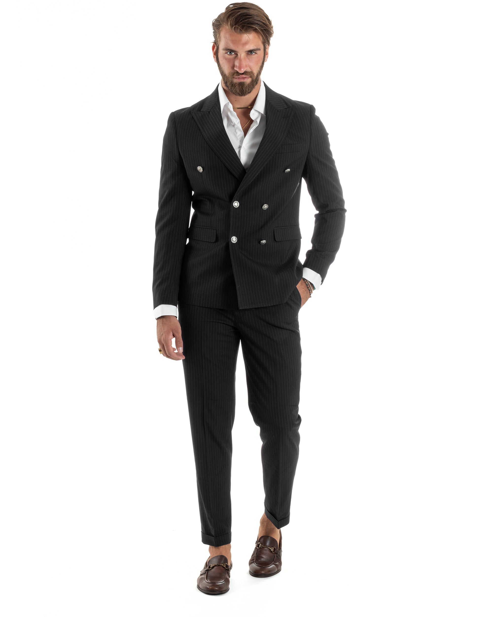 Abito Uomo Doppiopetto Vestito Completo Rigato Elegante Sartoriale Giacca Pantaloni Bottoni Metallo Fantasia Gessata Nero GIOSAL-AE1103A