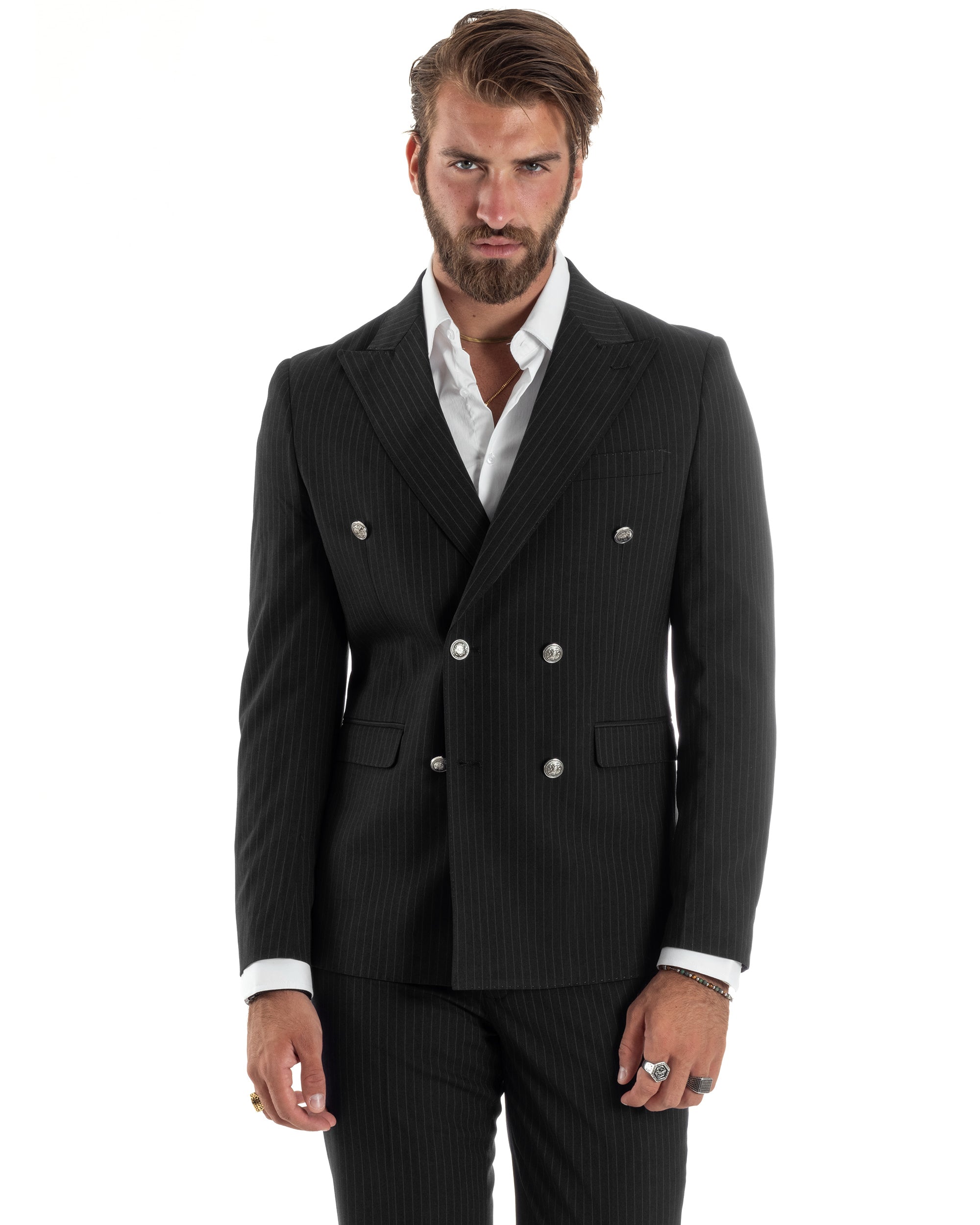 Abito Uomo Doppiopetto Vestito Completo Rigato Elegante Sartoriale Giacca Pantaloni Bottoni Metallo Fantasia Gessata Nero GIOSAL-AE1103A