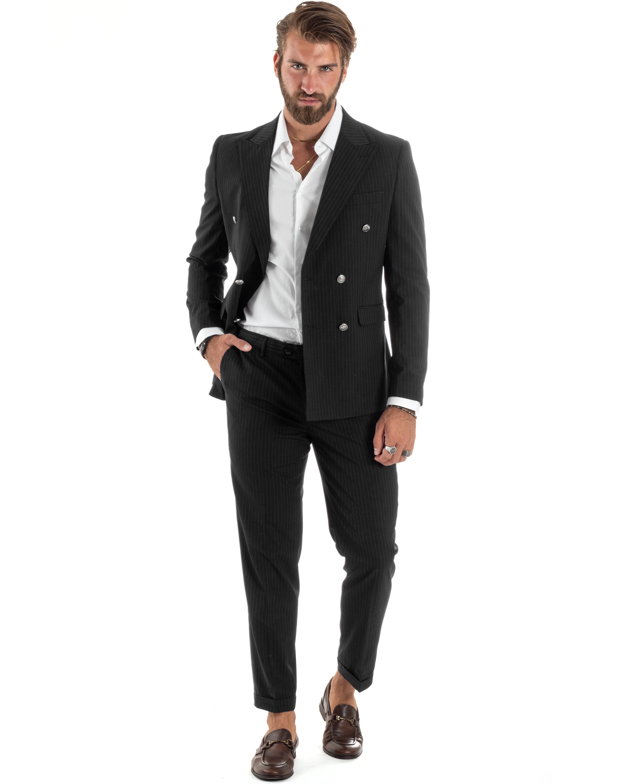 Abito Uomo Doppiopetto Vestito Completo Rigato Elegante Sartoriale Giacca Pantaloni Bottoni Metallo Fantasia Gessata Nero GIOSAL-AE1103A