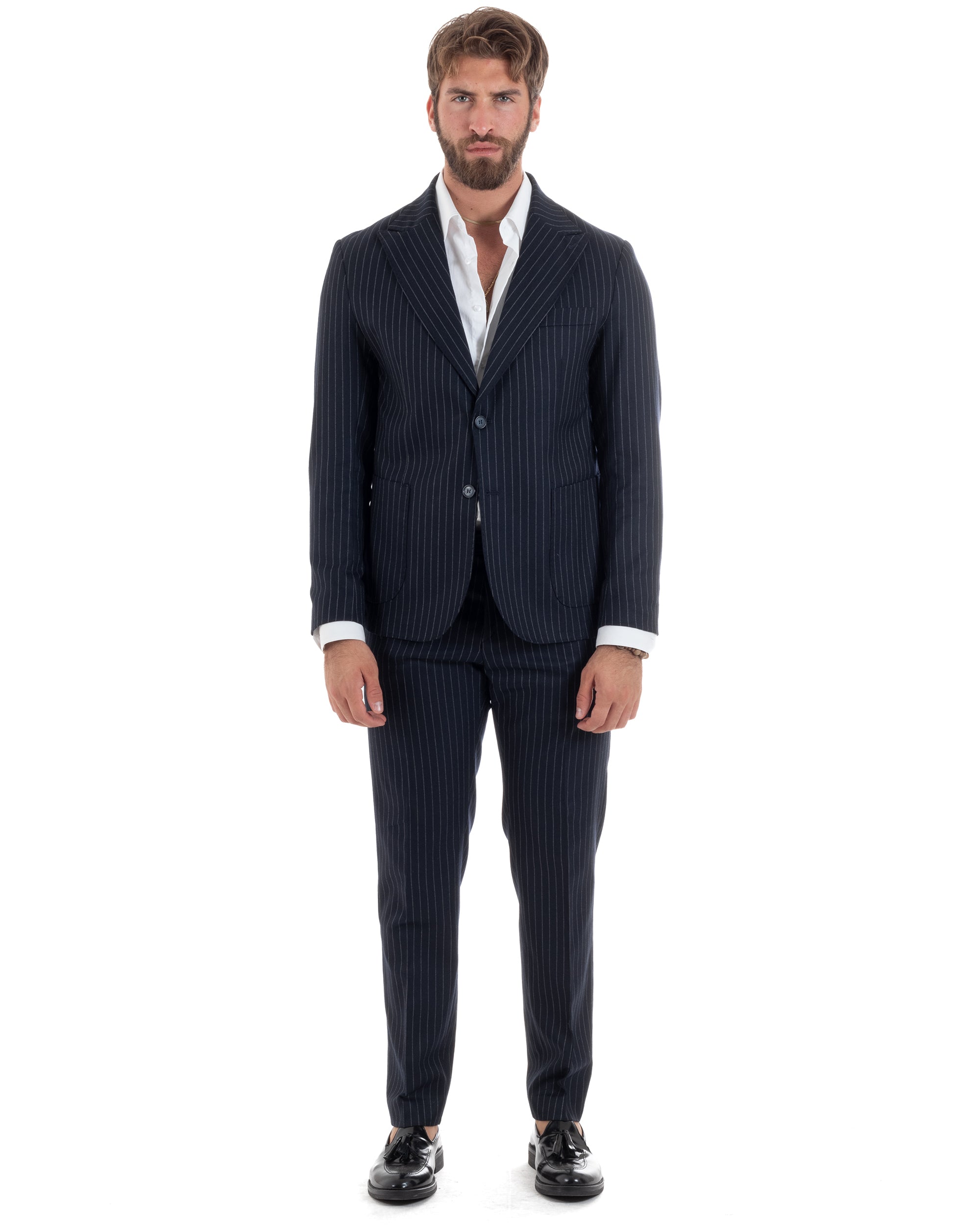 Abito Uomo Monopetto Gessato Lana Vestito Elegante Giacca Pantaloni Sartoriale Blu GIOSAL-AE1104A