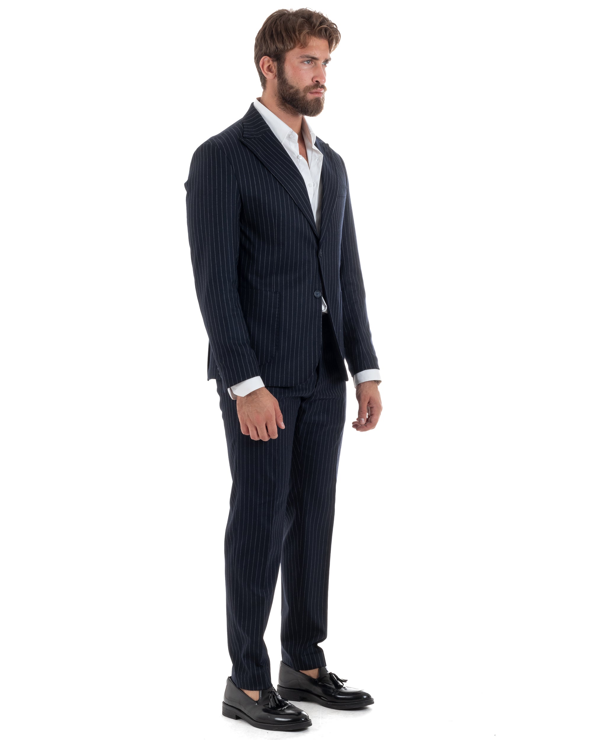 Abito Uomo Monopetto Gessato Lana Vestito Elegante Giacca Pantaloni Sartoriale Blu GIOSAL-AE1104A