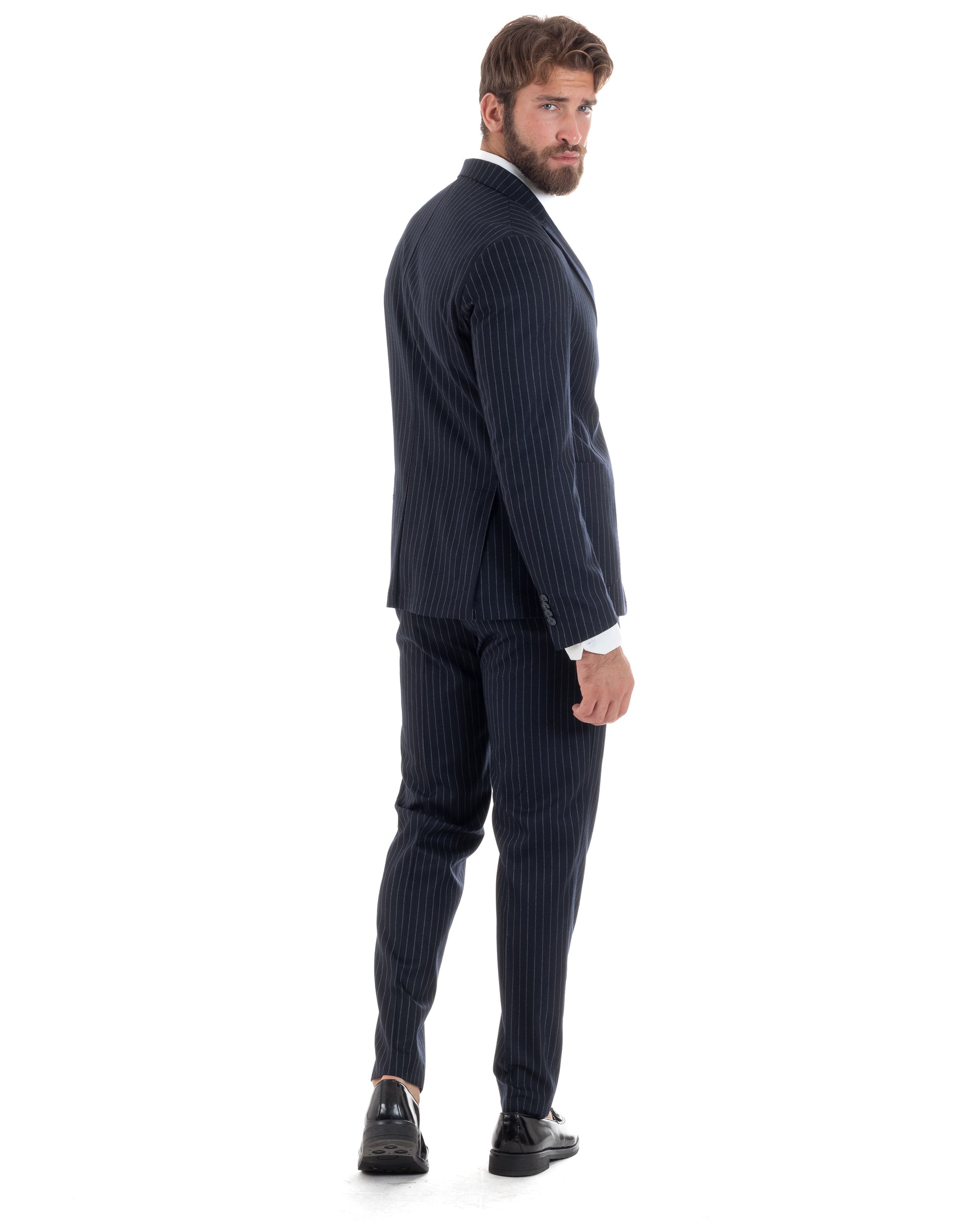 Abito Uomo Monopetto Gessato Lana Vestito Elegante Giacca Pantaloni Sartoriale Blu GIOSAL-AE1104A