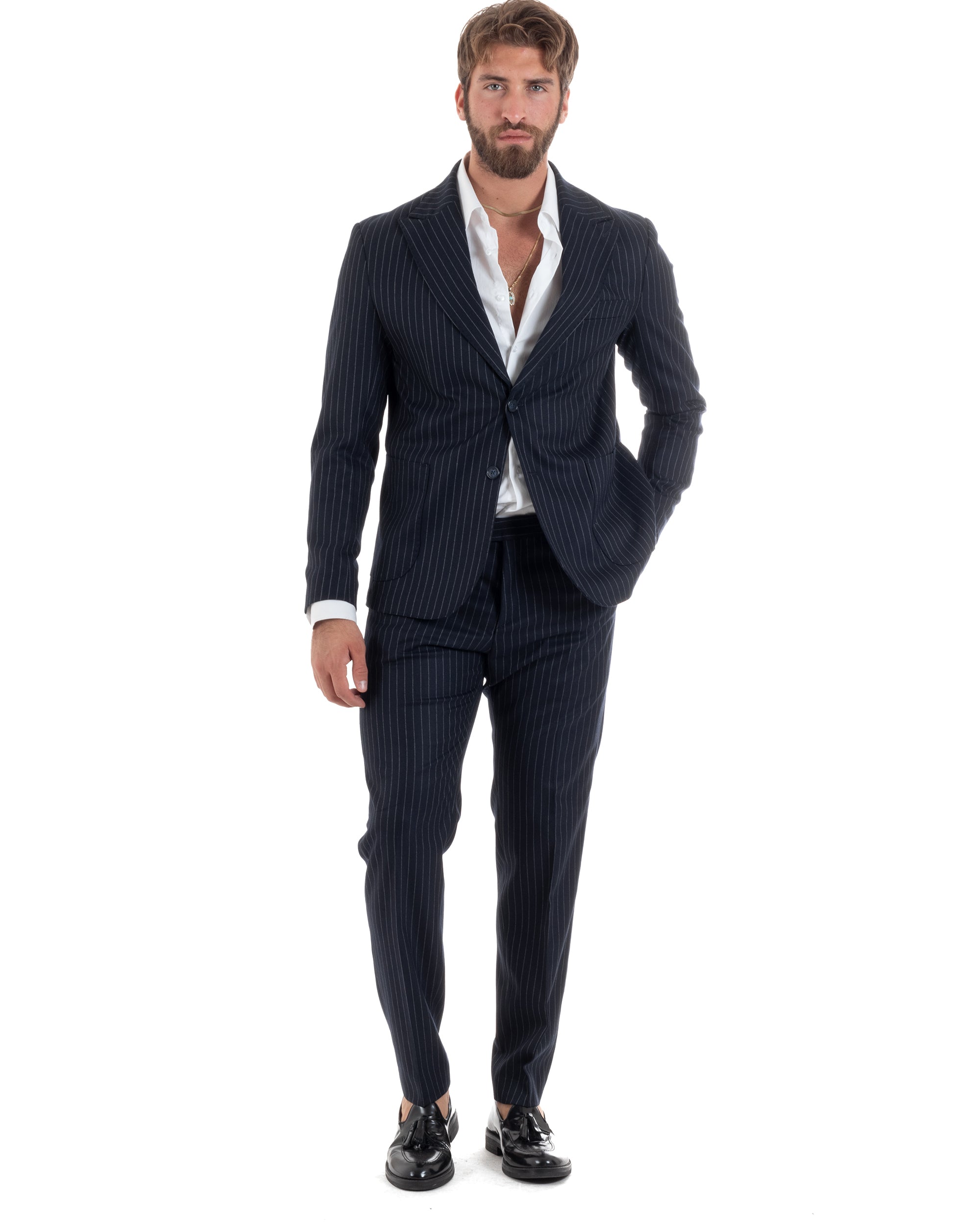 Abito Uomo Monopetto Gessato Lana Vestito Elegante Giacca Pantaloni Sartoriale Blu GIOSAL-AE1104A