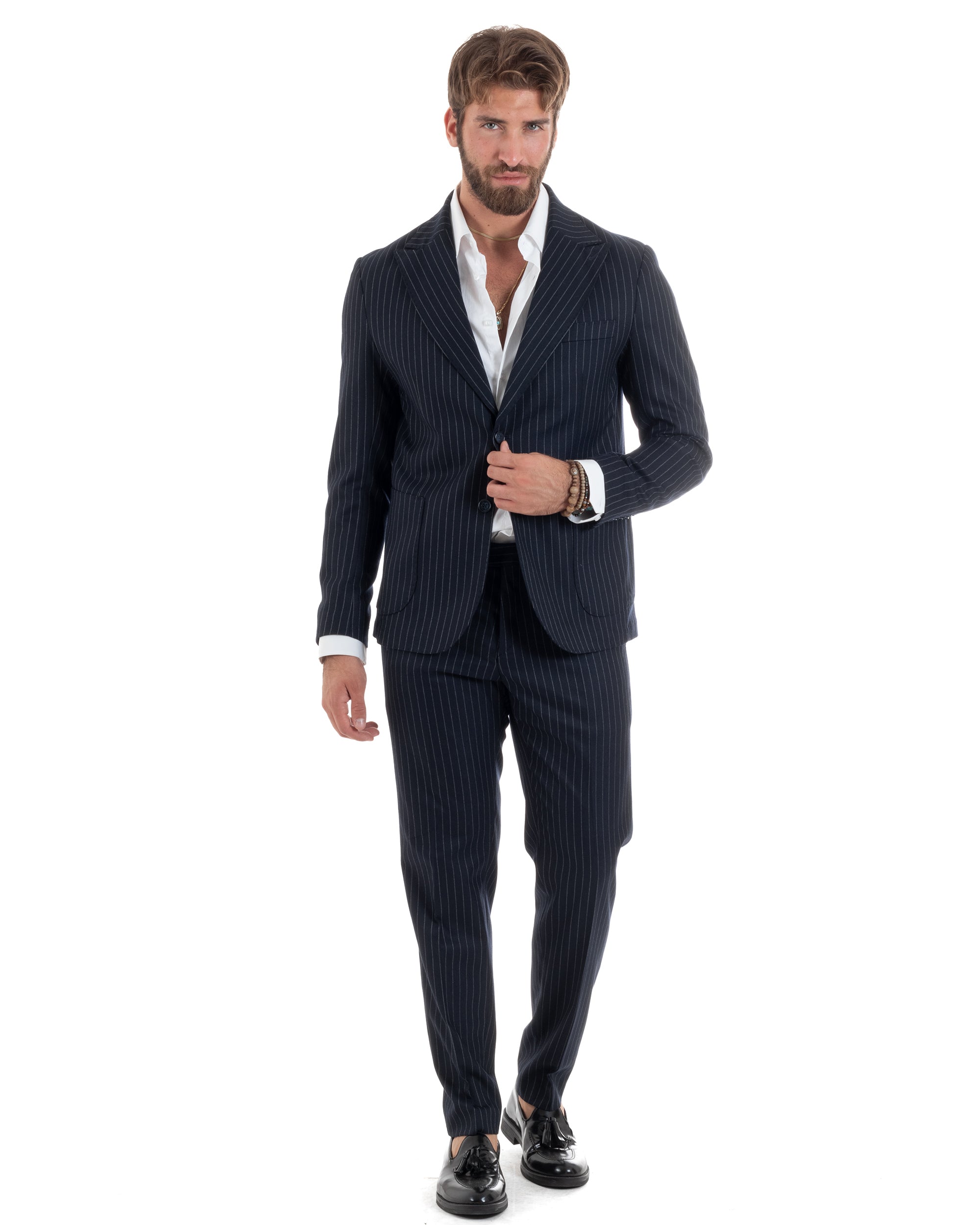 Abito Uomo Monopetto Gessato Lana Vestito Elegante Giacca Pantaloni Sartoriale Blu GIOSAL-AE1104A