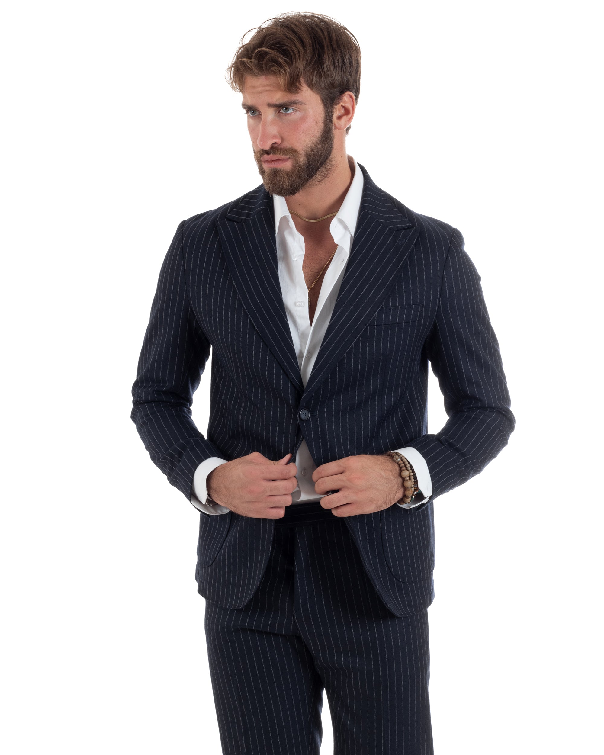 Abito Uomo Monopetto Gessato Lana Vestito Elegante Giacca Pantaloni Sartoriale Blu GIOSAL-AE1104A