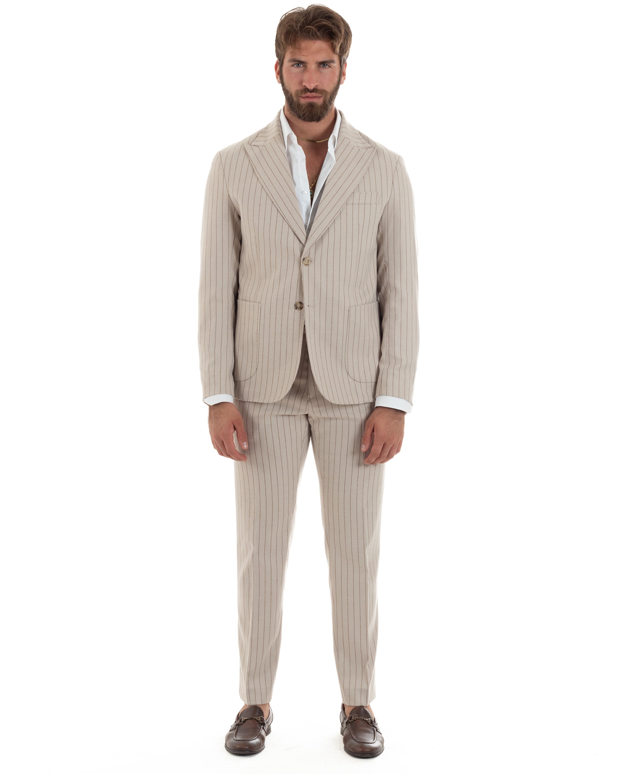 Abito Uomo Monopetto Gessato Lana Vestito Elegante Giacca Pantaloni Sartoriale Beige GIOSAL-AE1105A