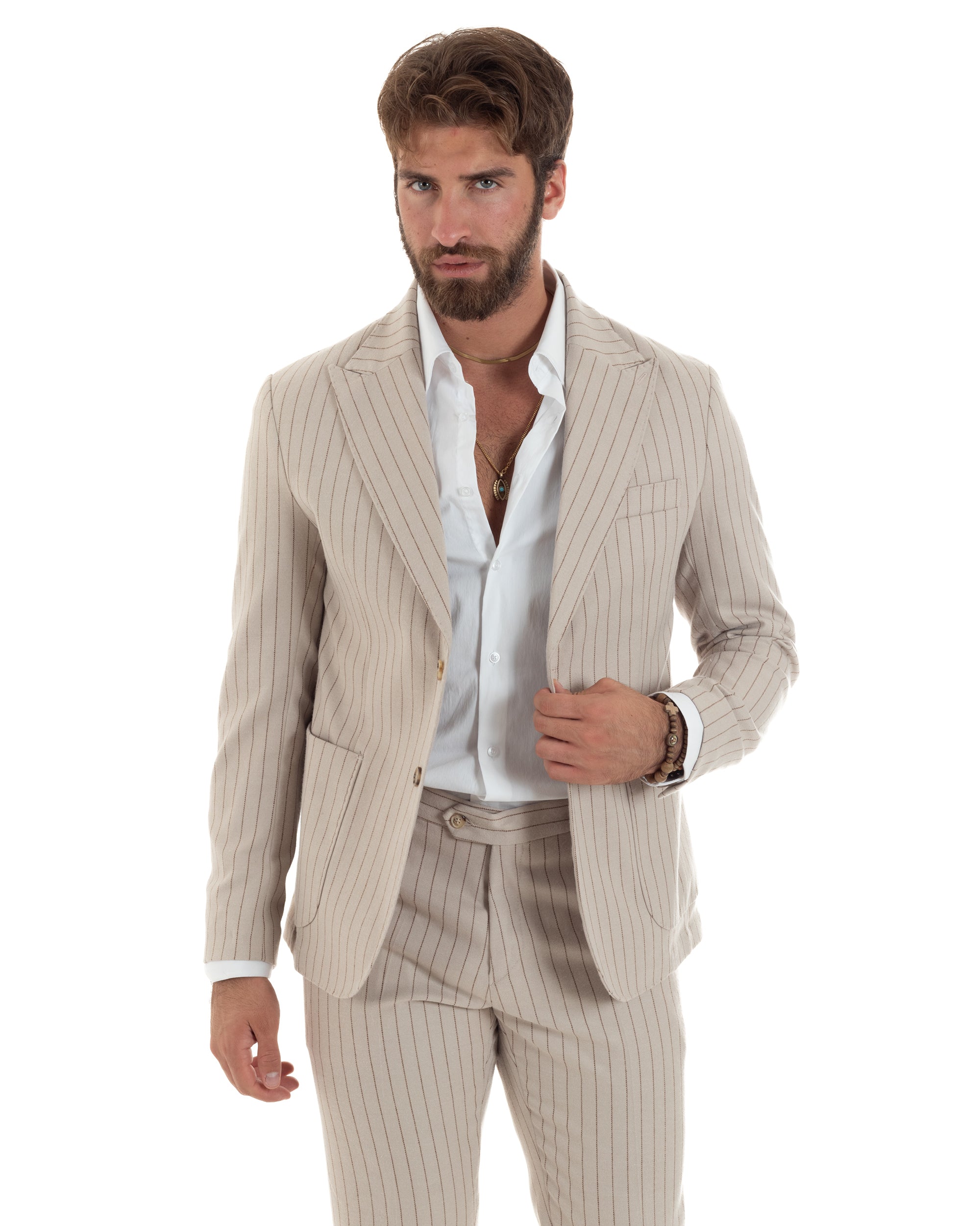 Abito Uomo Monopetto Gessato Lana Vestito Elegante Giacca Pantaloni Sartoriale Beige GIOSAL-AE1105A